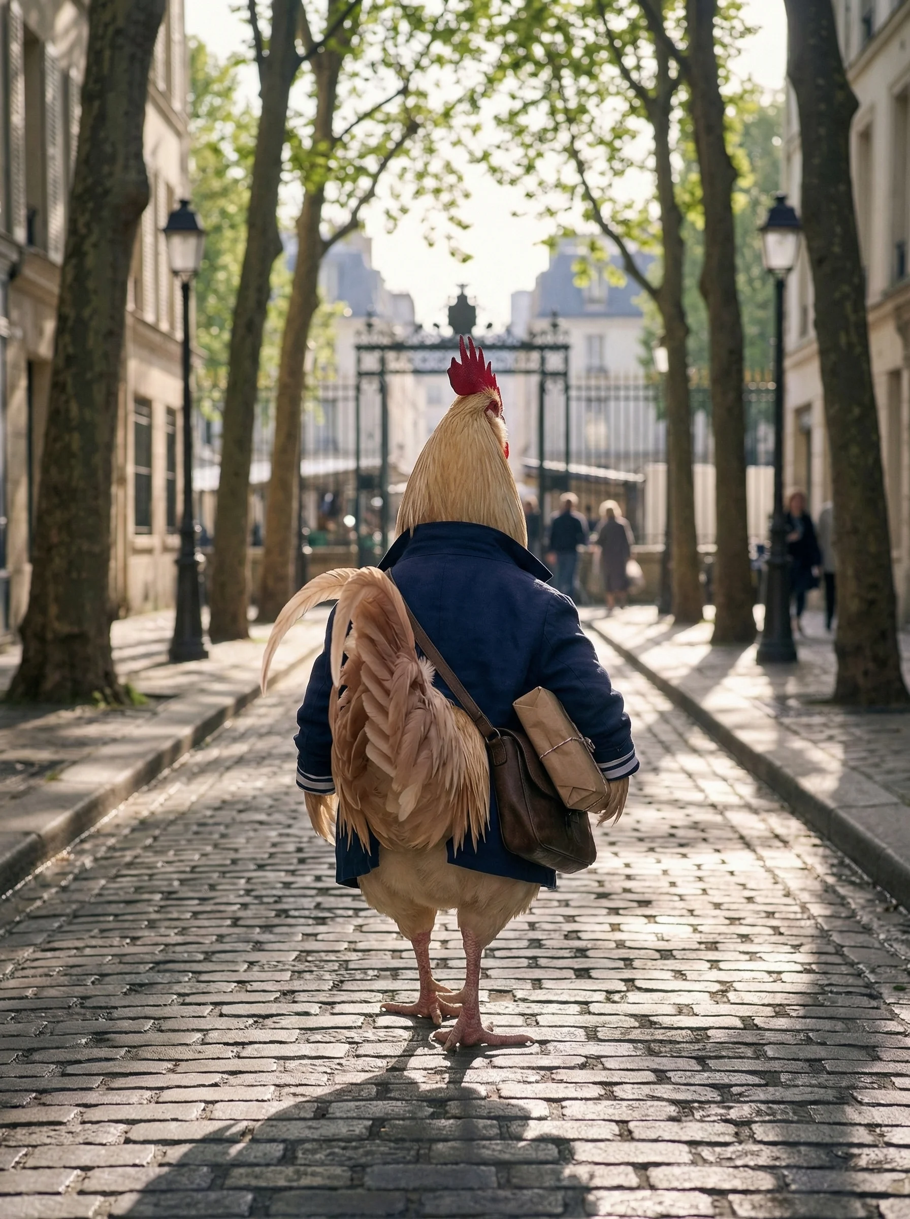 A Salmon Faverolles rooster in a navy blazer and Breton marinière walking away down a tree-lined Parisian cobblestone street, leather satchel bulging, brown paper parcel under one wing, morning sun dappling through plane trees