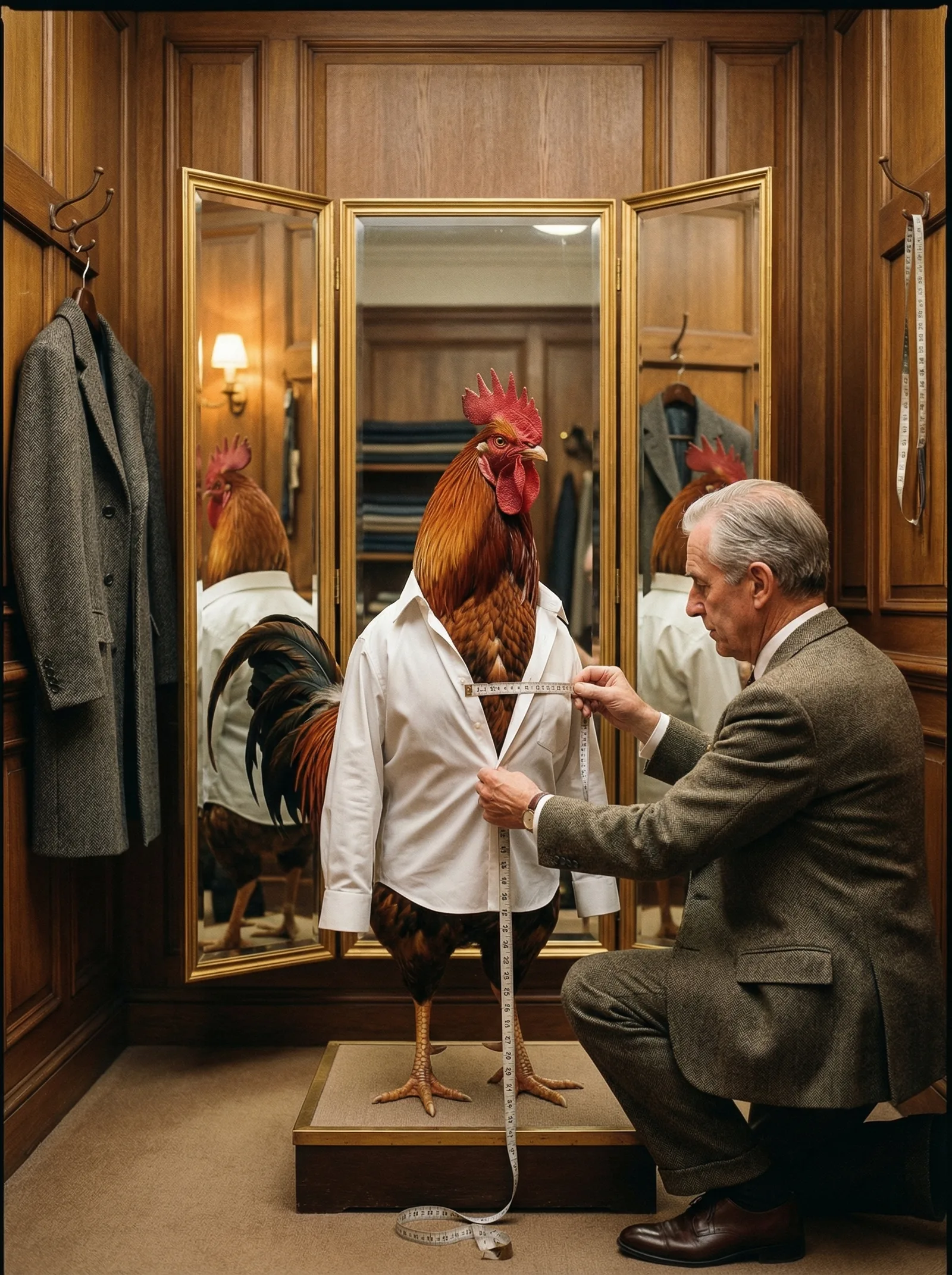 A rooster in a white shirt standing on a fitting platform before a three-panel mirror as a tailor measures him with a tape