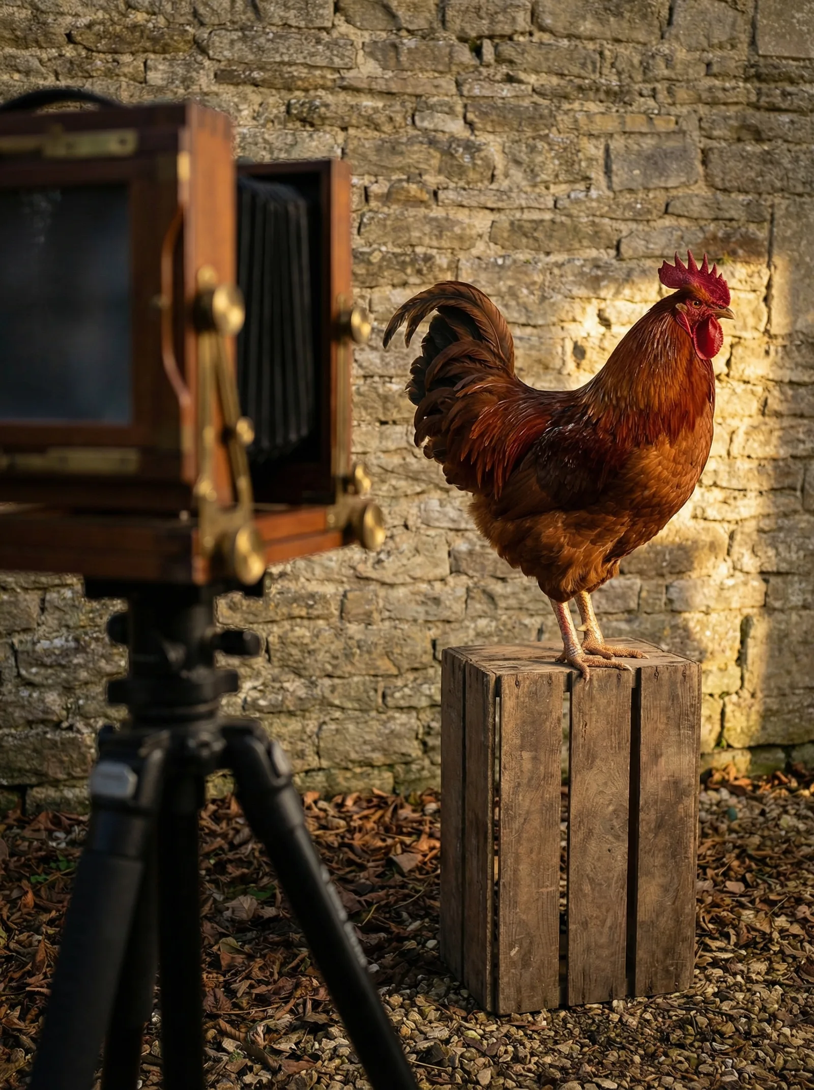 A rooster standing on a wooden crate beside a stone wall, lit by golden hour, large-format camera in foreground