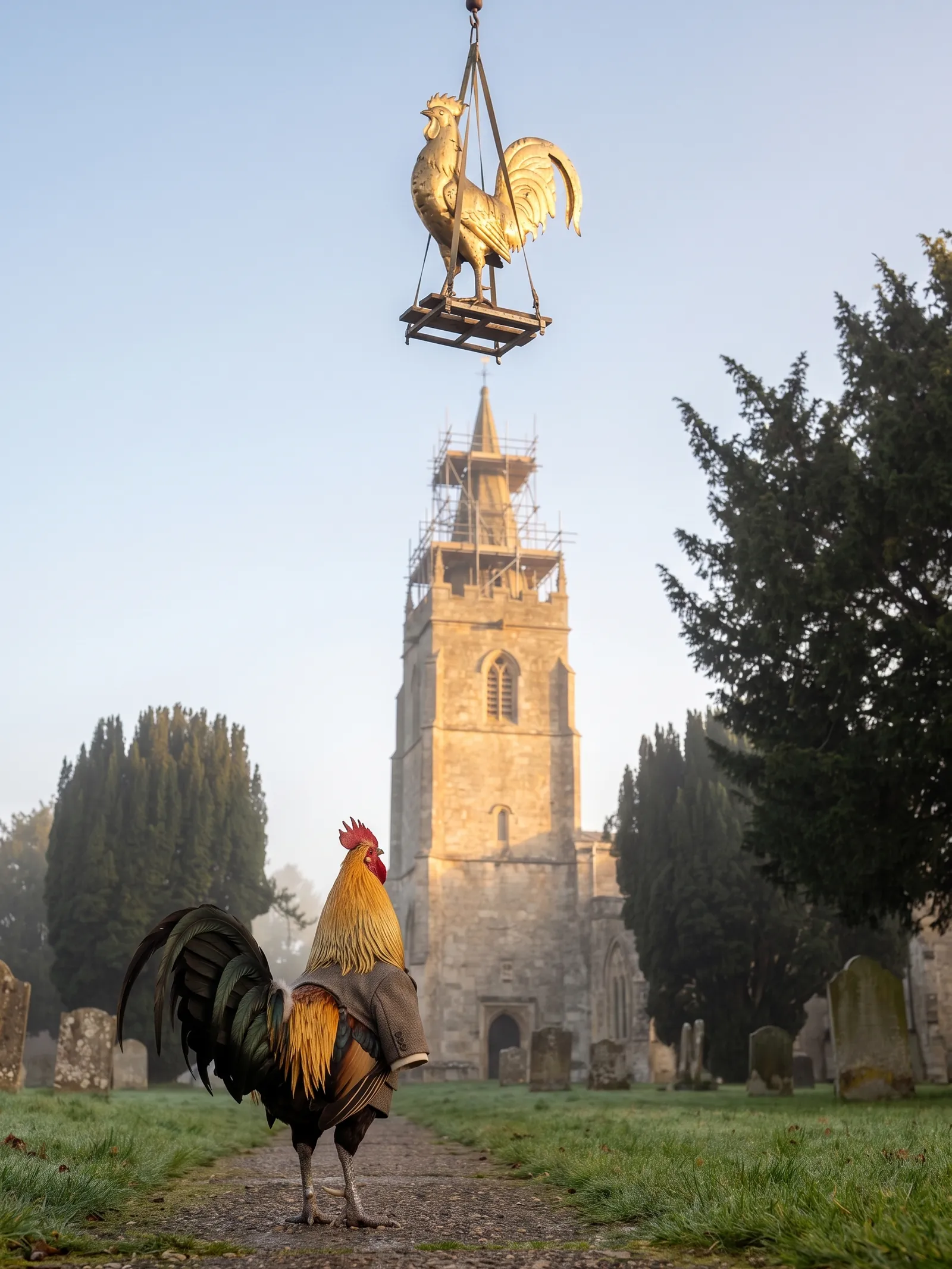 The gilded weathercock rising in a hoist cradle above a scaffolded church tower while the rooster stands on the churchyard path below
