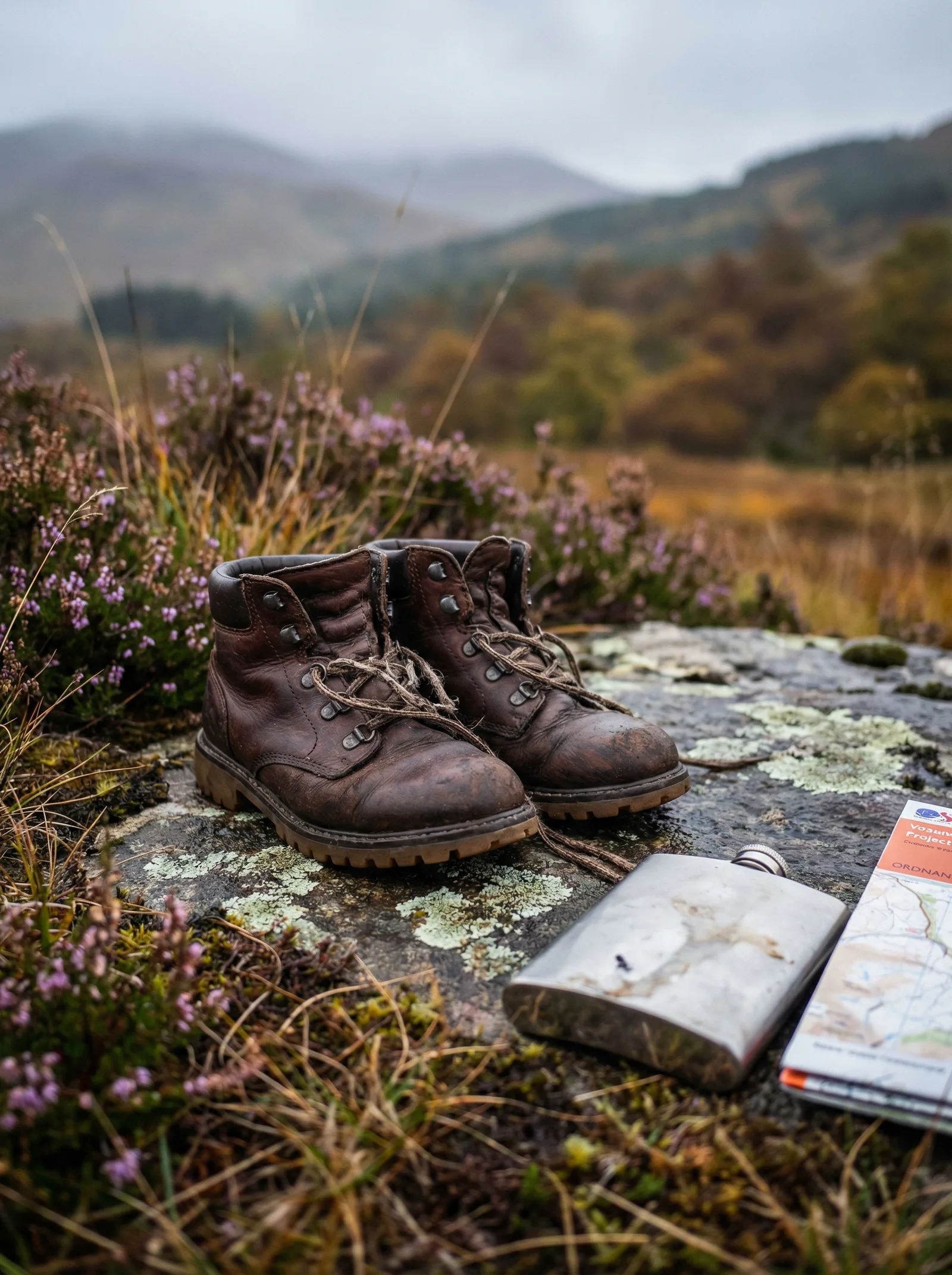 Close-up still life of worn brown leather hiking boots, a silver hip flask, and a folded Ordnance Survey map on a lichen-covered Highland rock amid purple heather