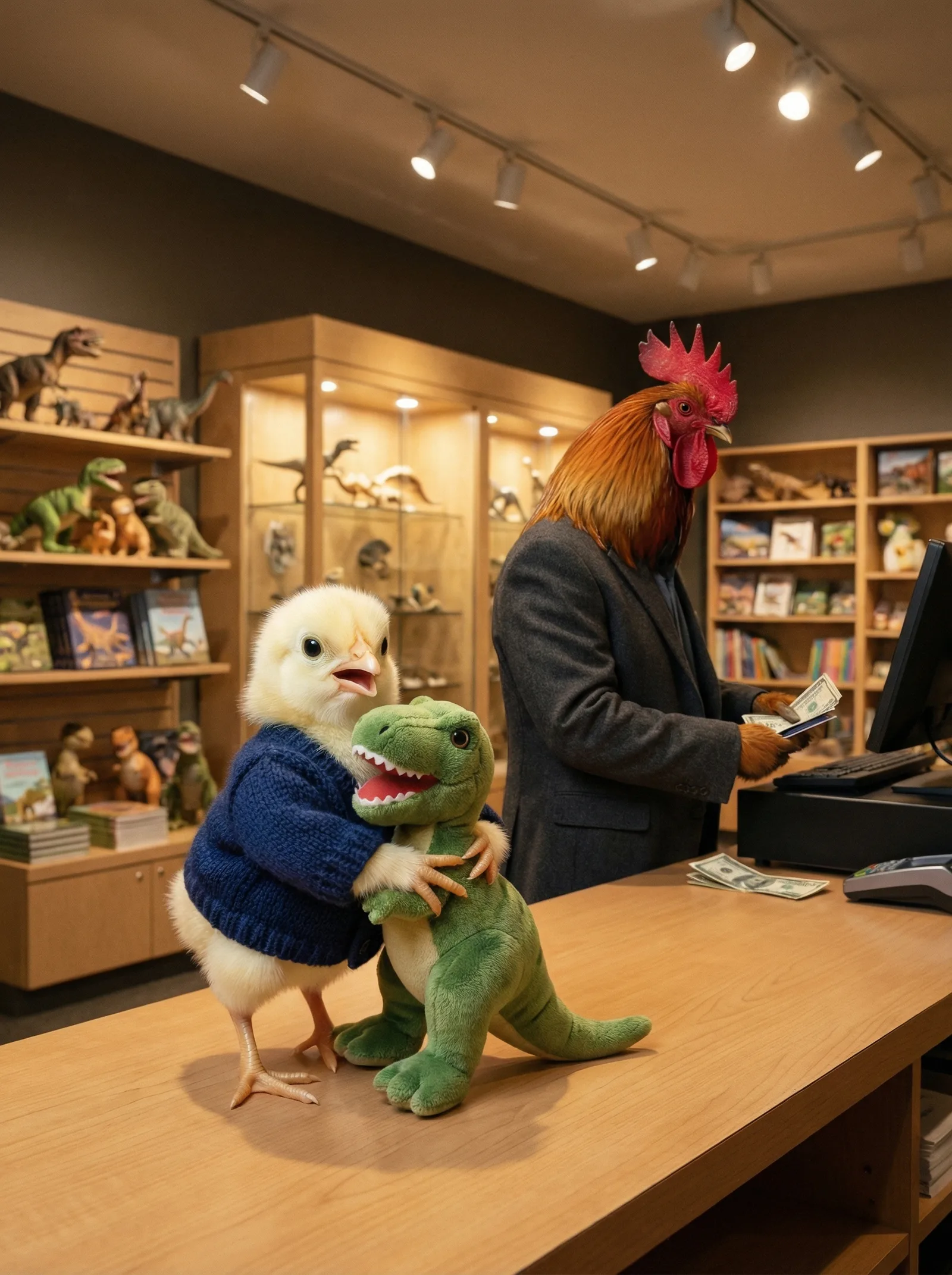 A young chick clutching a toy dinosaur at the museum gift shop