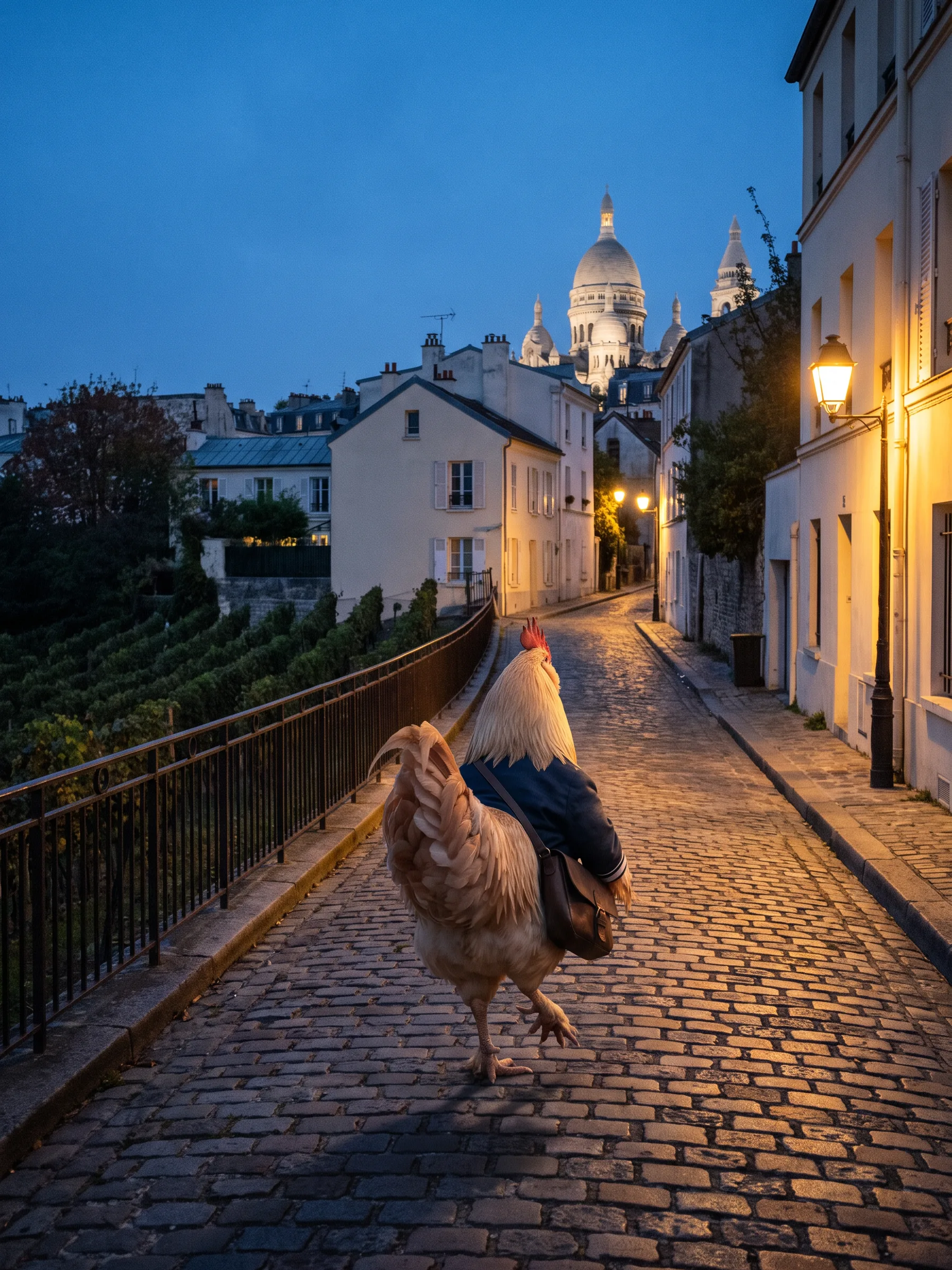 At blue hour the rooster walks away from the camera up a lamplit cobbled lane, one foot lifted mid-stride, the vineyard behind an iron railing on the left and the floodlit white domes of a basilica above the rooftops