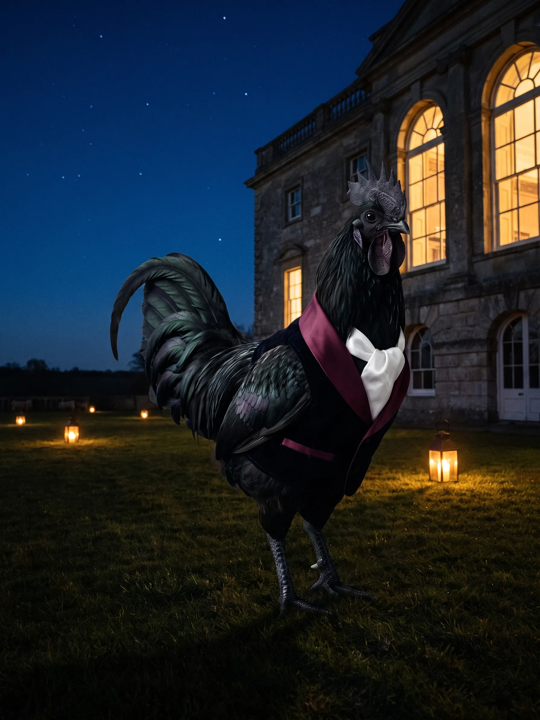 At night the black rooster stands alone on the dark lawn, lanterns on the grass and the lit windows of the house behind him