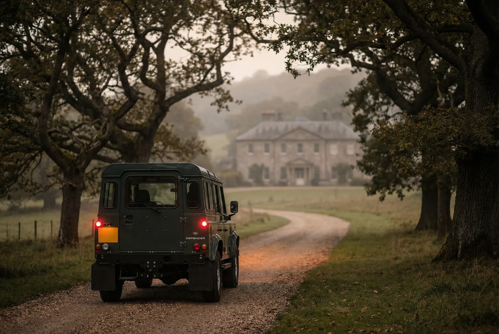 A Land Rover Defender driving away down a tree-lined estate drive at dusk, taillights glowing