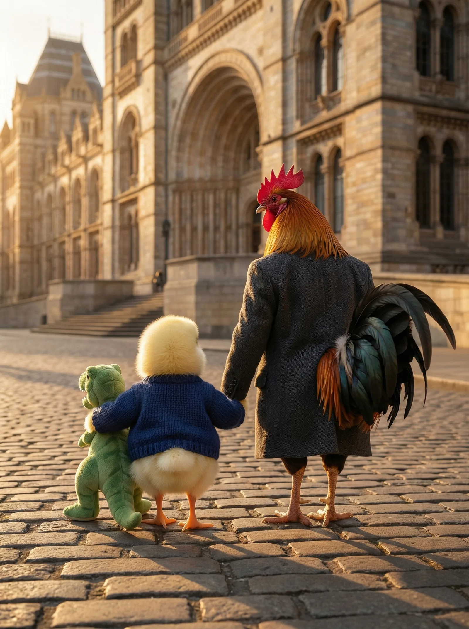Father and son walking away from the museum at dusk