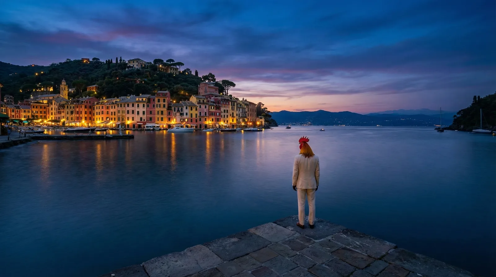 A rooster in a cream linen suit standing alone on a stone jetty at blue hour, Portofino glowing behind him