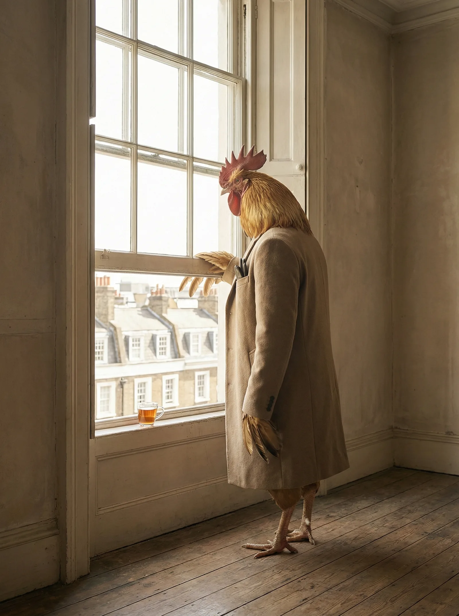 An empty studio flooded with midday light, camera on tripod, desk with scattered papers and cold tea