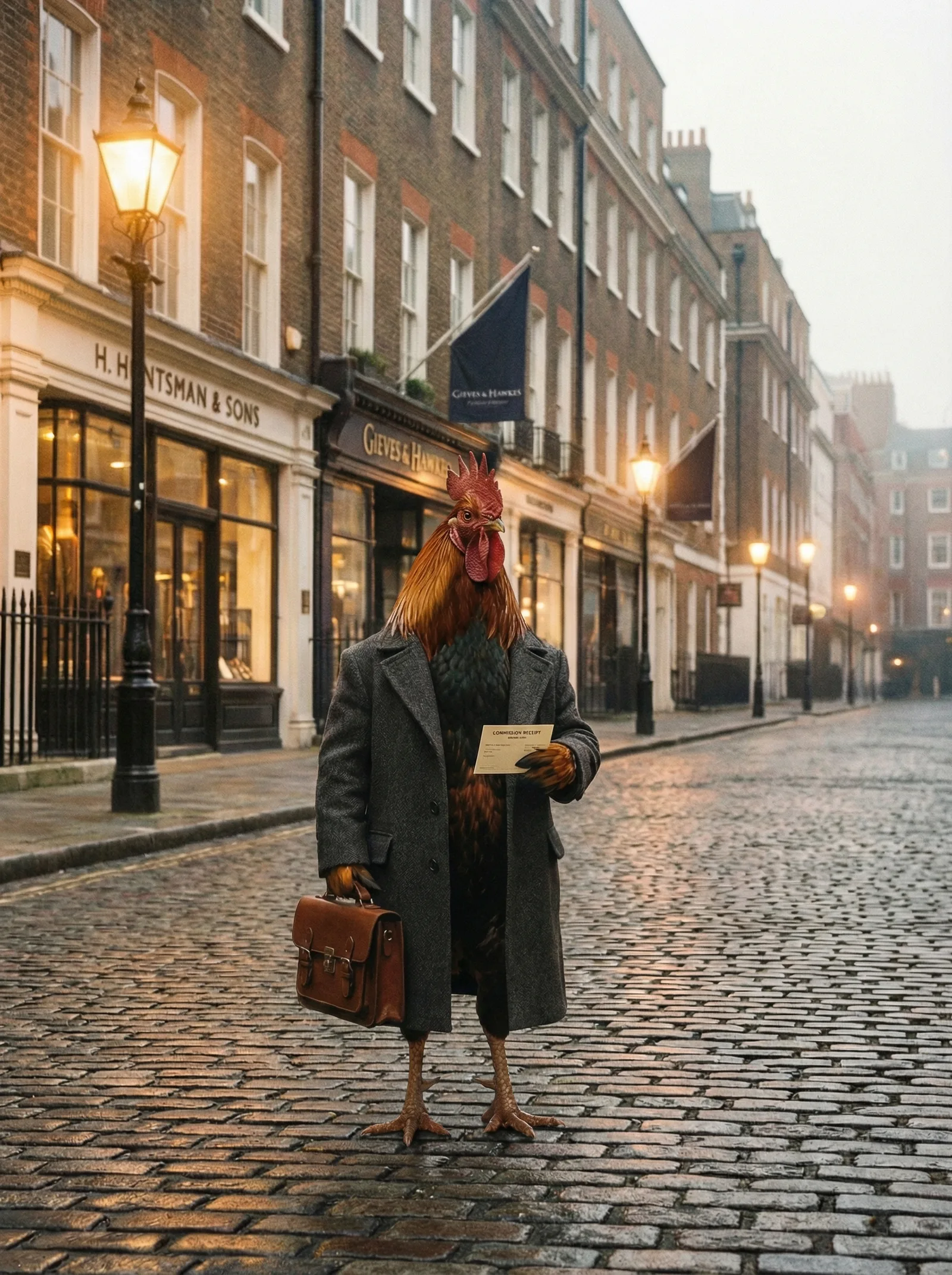 A rooster standing on the Savile Row cobblestones facing the camera, holding his commission receipt, briefcase in hand, the tailor's lit shopfront behind him