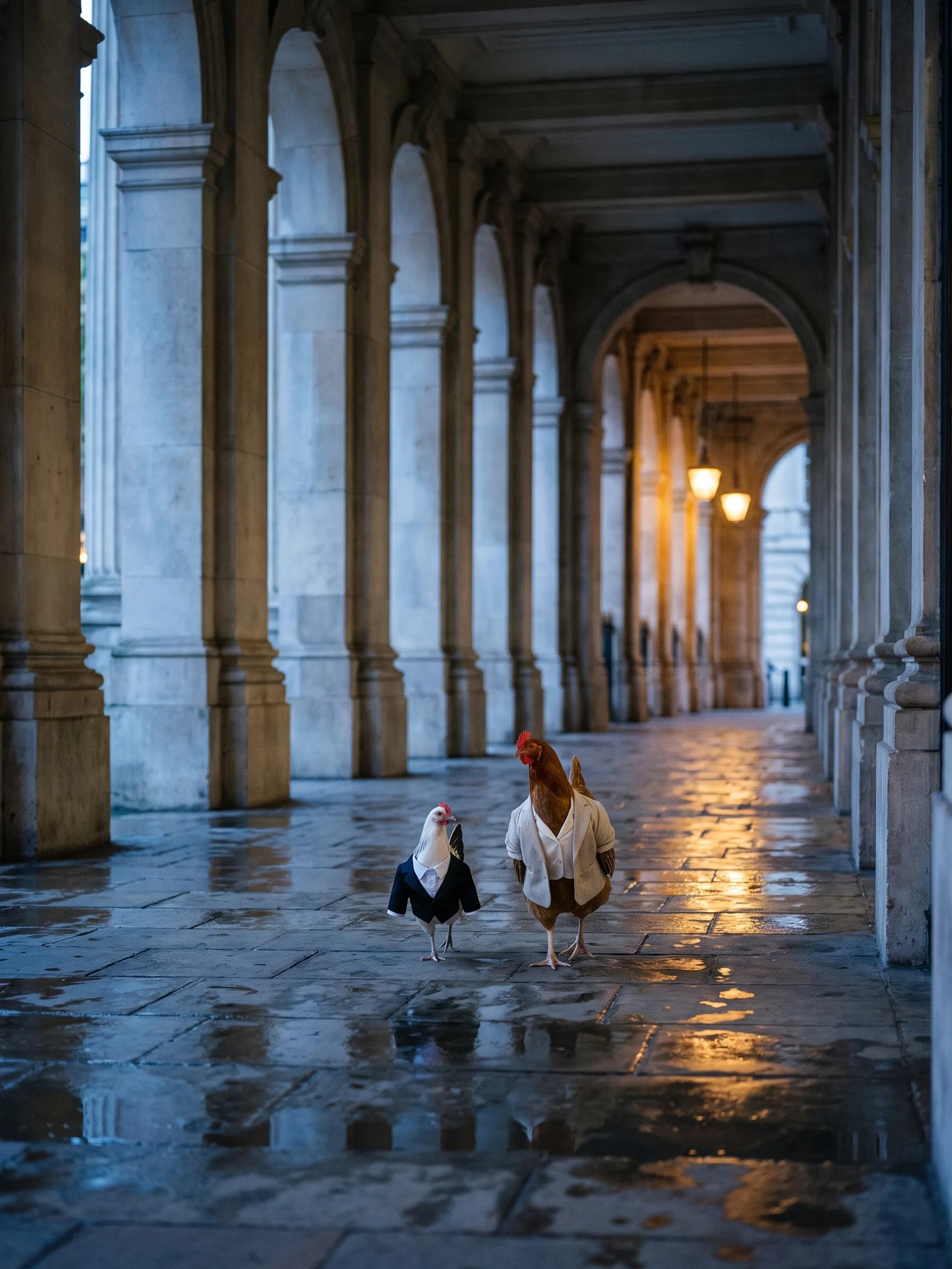 The two hens walk away along a wet stone pavement beneath a colonnade of tall stone arches on a London evening, the small hen a step ahead