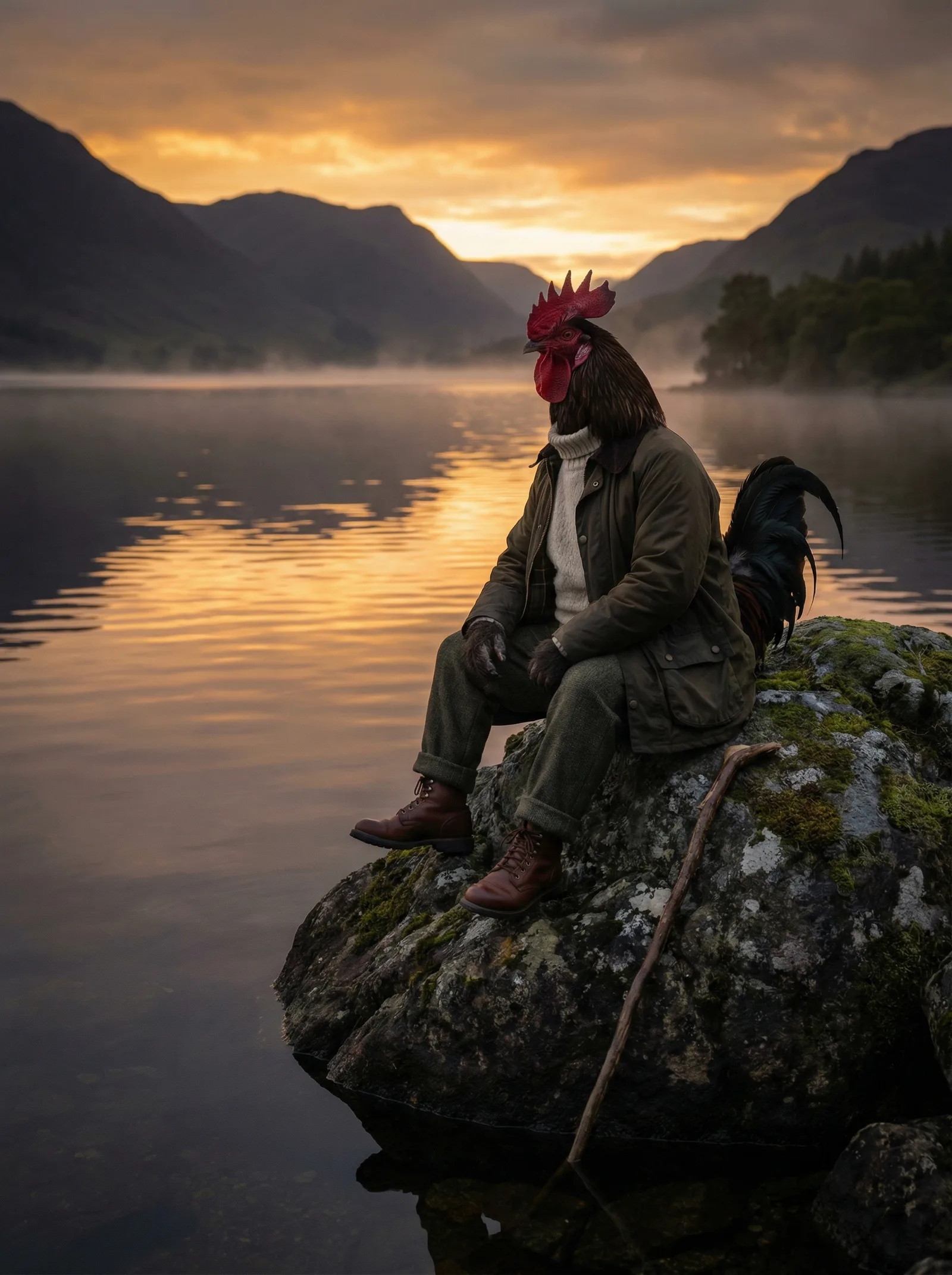 A rooster in an olive jacket and brown leather boots seated on a mossy boulder at the edge of a Highland loch at golden hour, walking stick resting at his side, mountains in silhouette across the still amber water