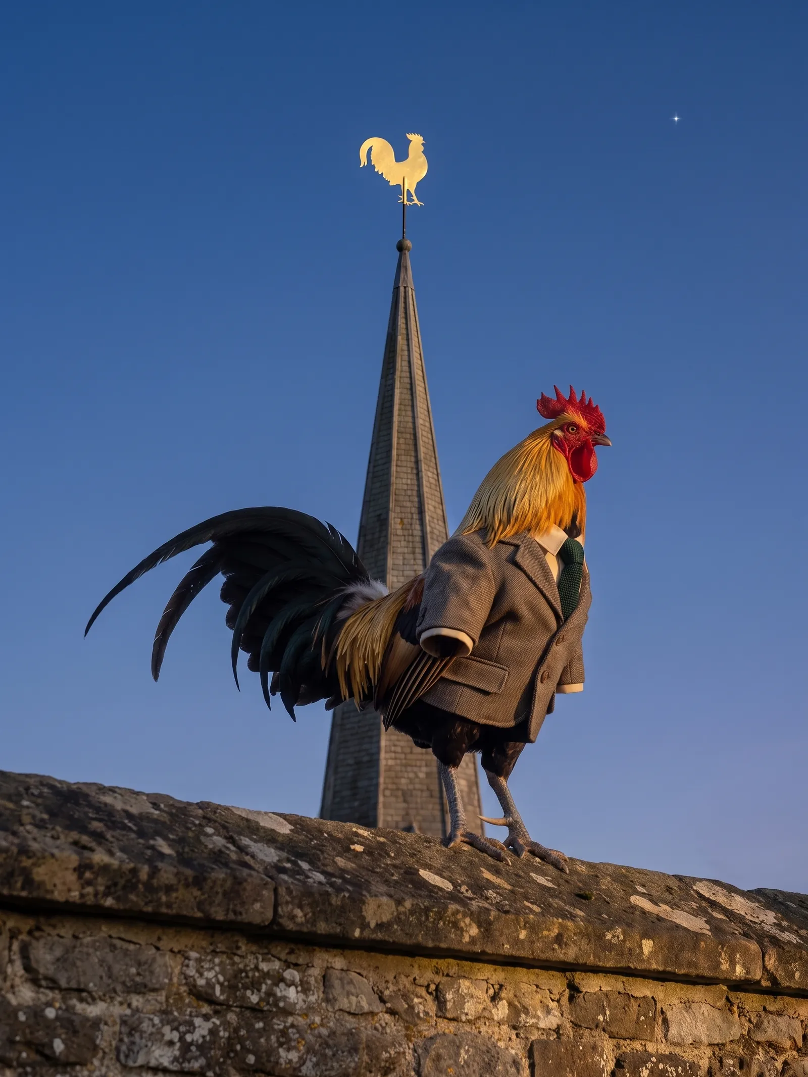 At dusk the weathercock stands atop the spire against a deep blue sky while the rooster stands on the churchyard wall below, both facing the same way