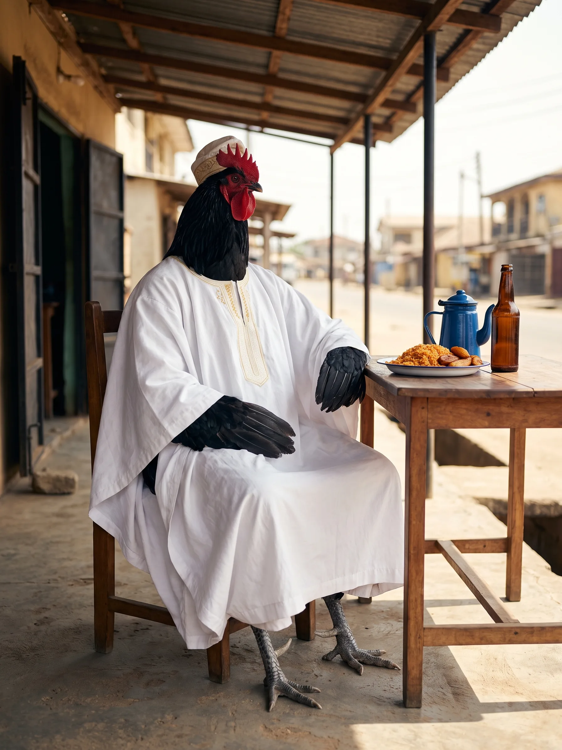 A Black Langshan rooster with glossy black plumage and a green sheen in a flowing white agbada with gold embroidery at the neck and a matching white cap, seated at a small wooden table in an open-fronted Lagos eatery at midday, a plate of jollof rice with fried plantain, an unlabelled brown bottle and a blue enamel teapot in front of him, a sunlit street softly blurred behind
