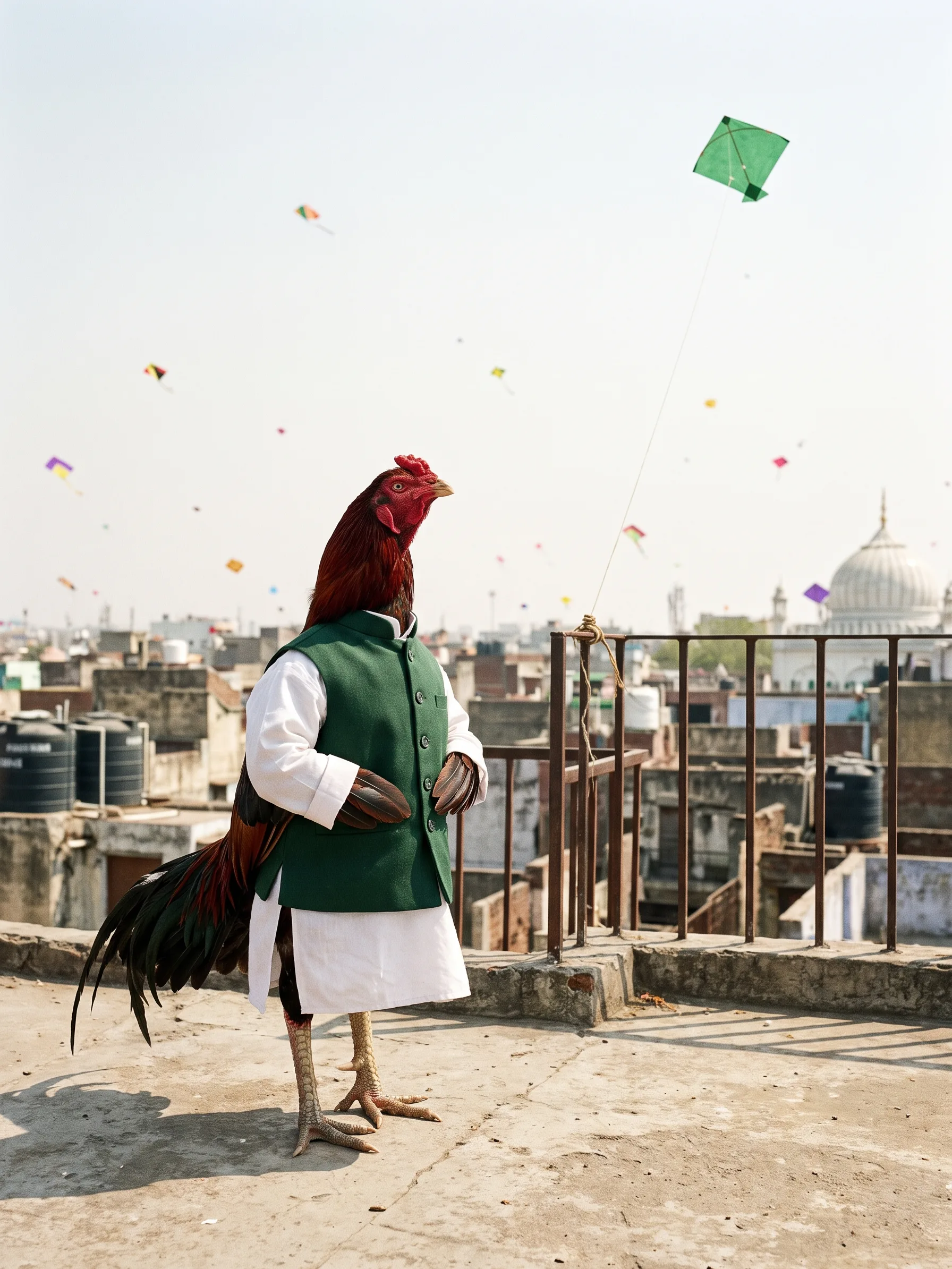 An Aseel rooster with hard, tight deep red and black plumage, standing upright like a gentleman on a flat rooftop in Old Delhi in a white cotton kurta under a deep green Nehru jacket, wing feathers at his cuffs, a kite string tied to the iron railing beside him and running up to a green paper kite high in a hazy sky scattered with small colourful kites, rooftops, black water tanks and a white mosque dome in the distance