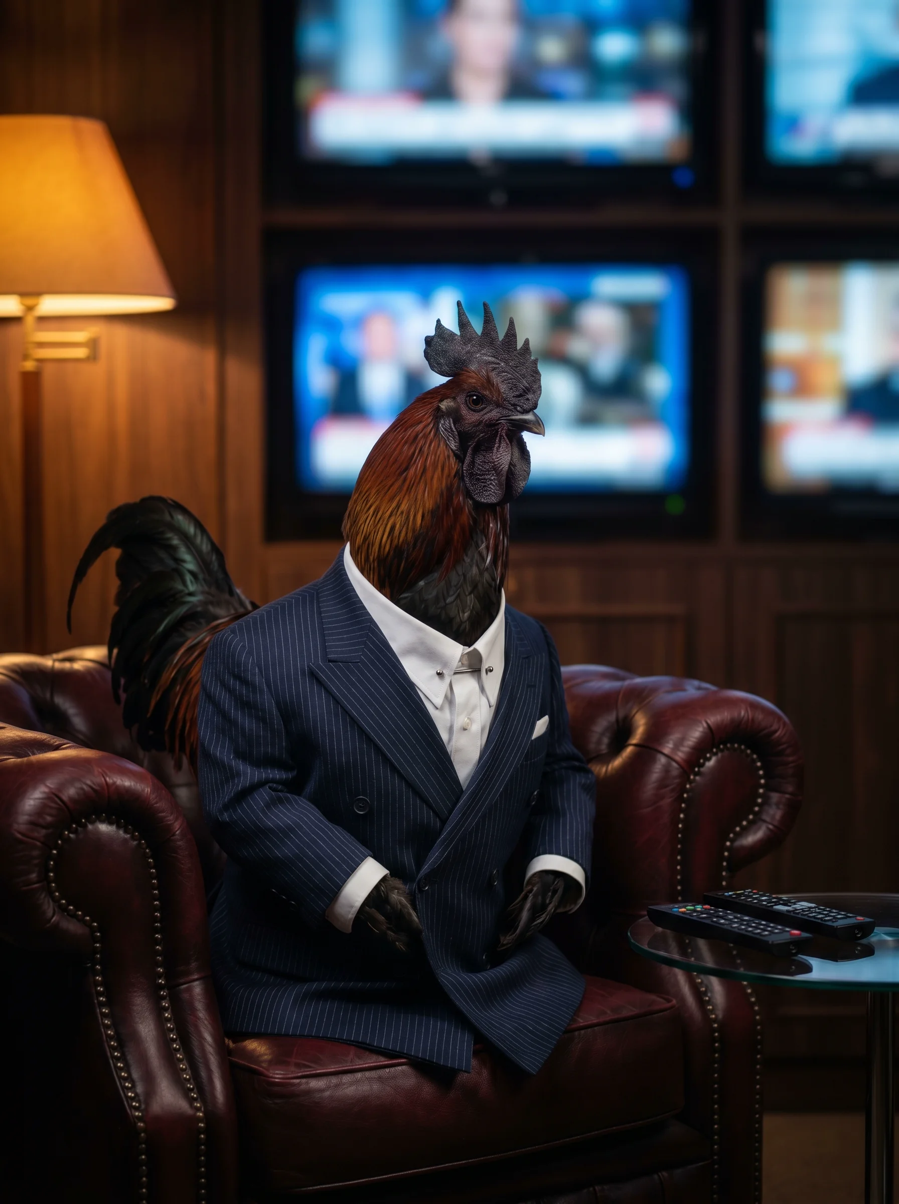 A Black Copper Marans rooster in a navy pinstripe double-breasted suit seated in a burgundy leather Chesterfield armchair in a walnut-paneled study, two television remote controls on a glass side table beside him, multiple flat-screen televisions glowing with different channels in soft bokeh behind, warm amber desk lamp light from the left