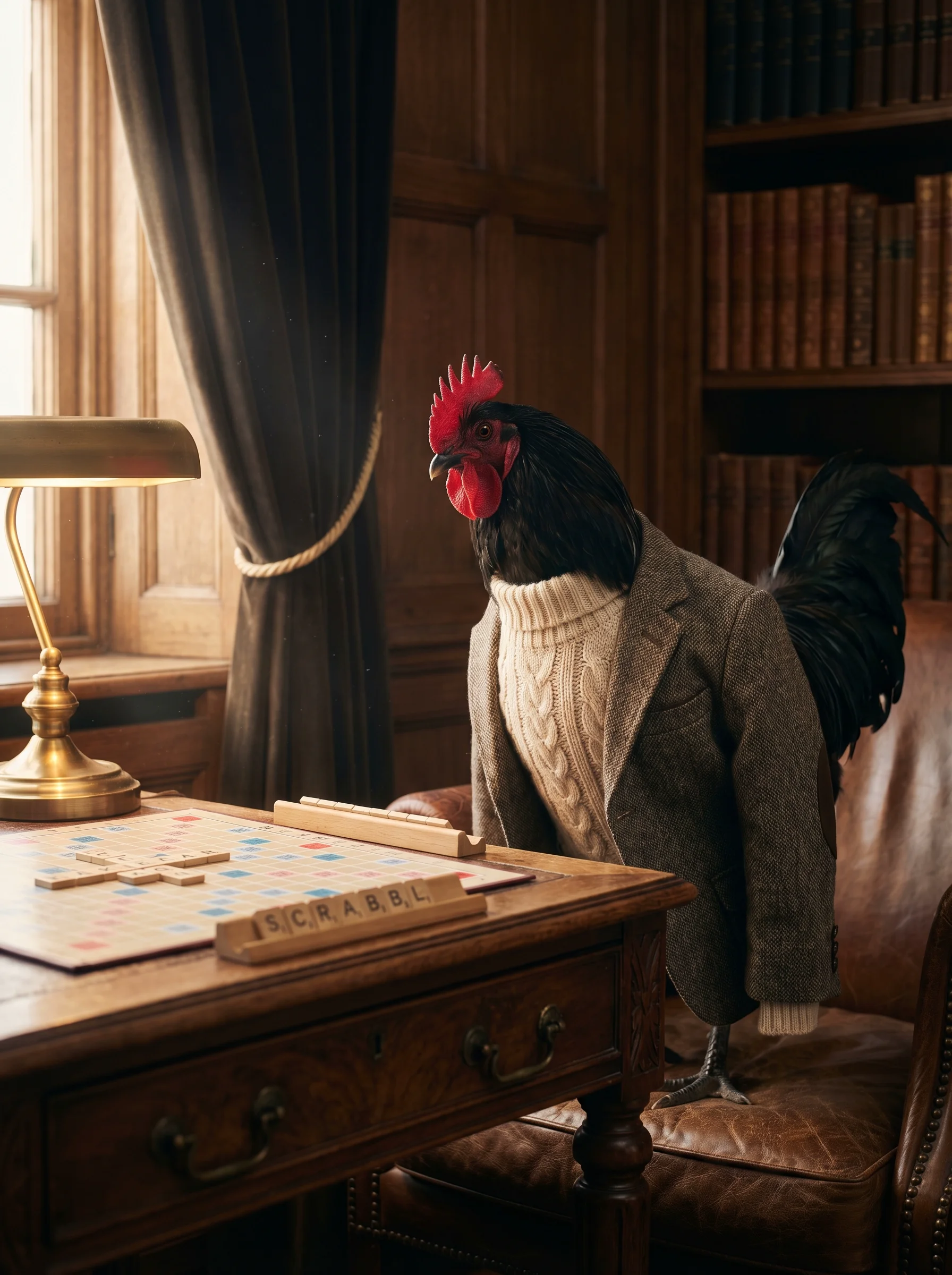 A Black Australorp rooster in a heather brown tweed blazer and cream cable-knit sweater standing at a walnut desk in a book-lined study, a Scrabble board and tiles before him, warm afternoon light through curtained windows, brass desk lamp glowing