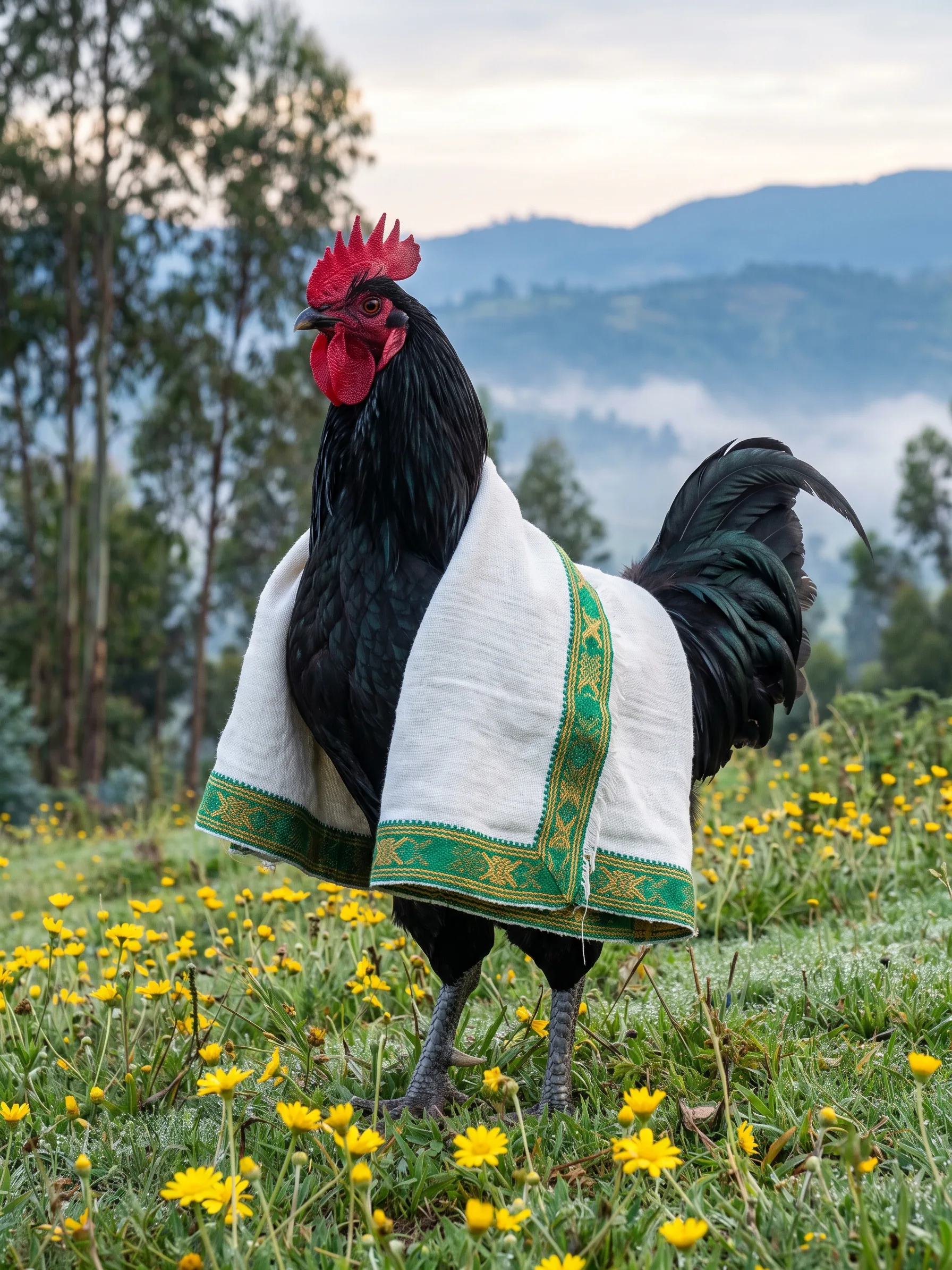 A Black Langshan rooster with glossy black plumage and a green sheen, a white handwoven cotton shawl with a green and gold woven border draped over his back, standing on an Ethiopian highland hillside of small yellow daisies in early morning light, eucalyptus trees and misty blue hills behind
