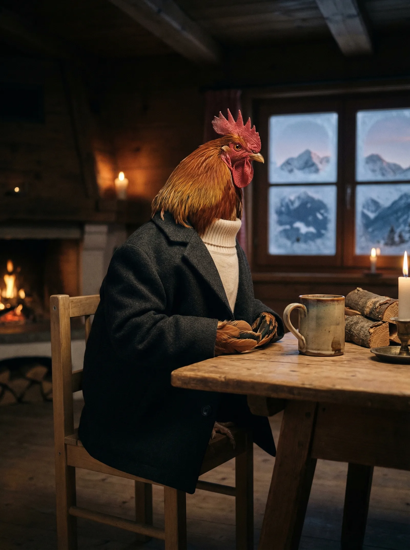 A rooster in a cream merino turtleneck and dark charcoal wool coat seated alone at a rustic wooden table in an alpine lodge, ceramic mug in front of him, snow-covered mountain peaks visible through the frost-edged window, fireplace glowing behind