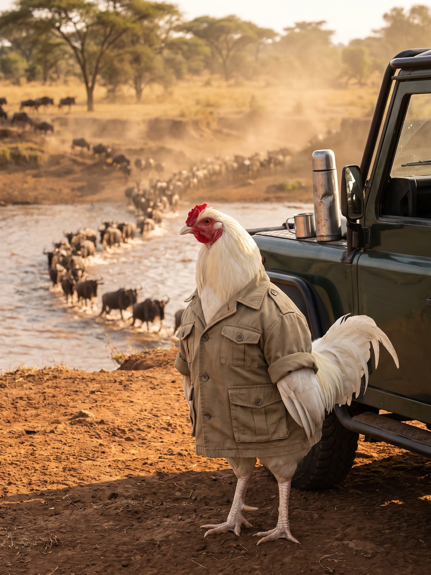 An Ixworth rooster with white plumage in a khaki cotton safari jacket, standing beside a green safari vehicle on a high bank of the Mara River, a steel flask and a tin cup on its wing, a line of wildebeest wading across the brown river below in dusty golden morning light