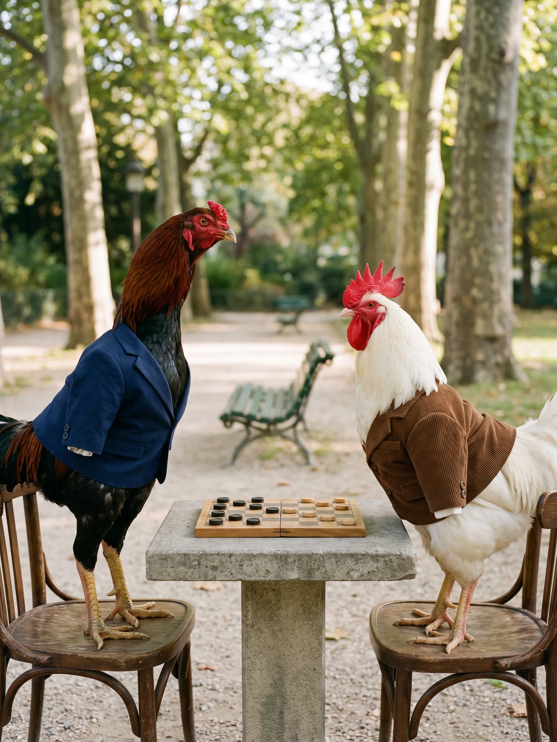 Two roosters at a stone table in a city park under plane trees: a tall Malay rooster with black breast and chestnut hackles in a navy blazer, and a stocky white Scots Dumpy rooster with pure white plumage in a brown corduroy jacket, standing on the seats of facing wooden chairs with a draughts board mid-game between them, in dappled afternoon light