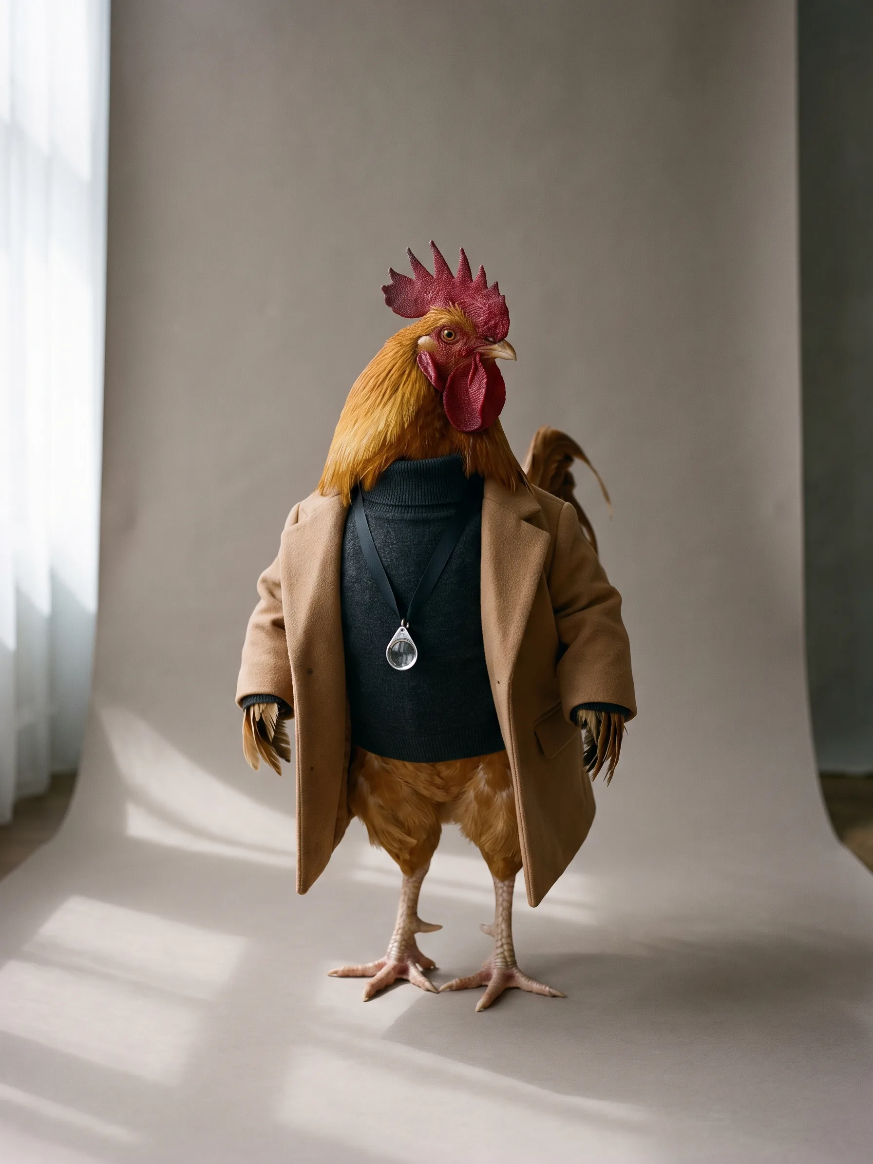 Aldous, a golden-brown Wheaten Marans rooster in a camel overcoat and charcoal rollneck, a jeweller's loupe on a black ribbon, standing on a warm grey studio backdrop