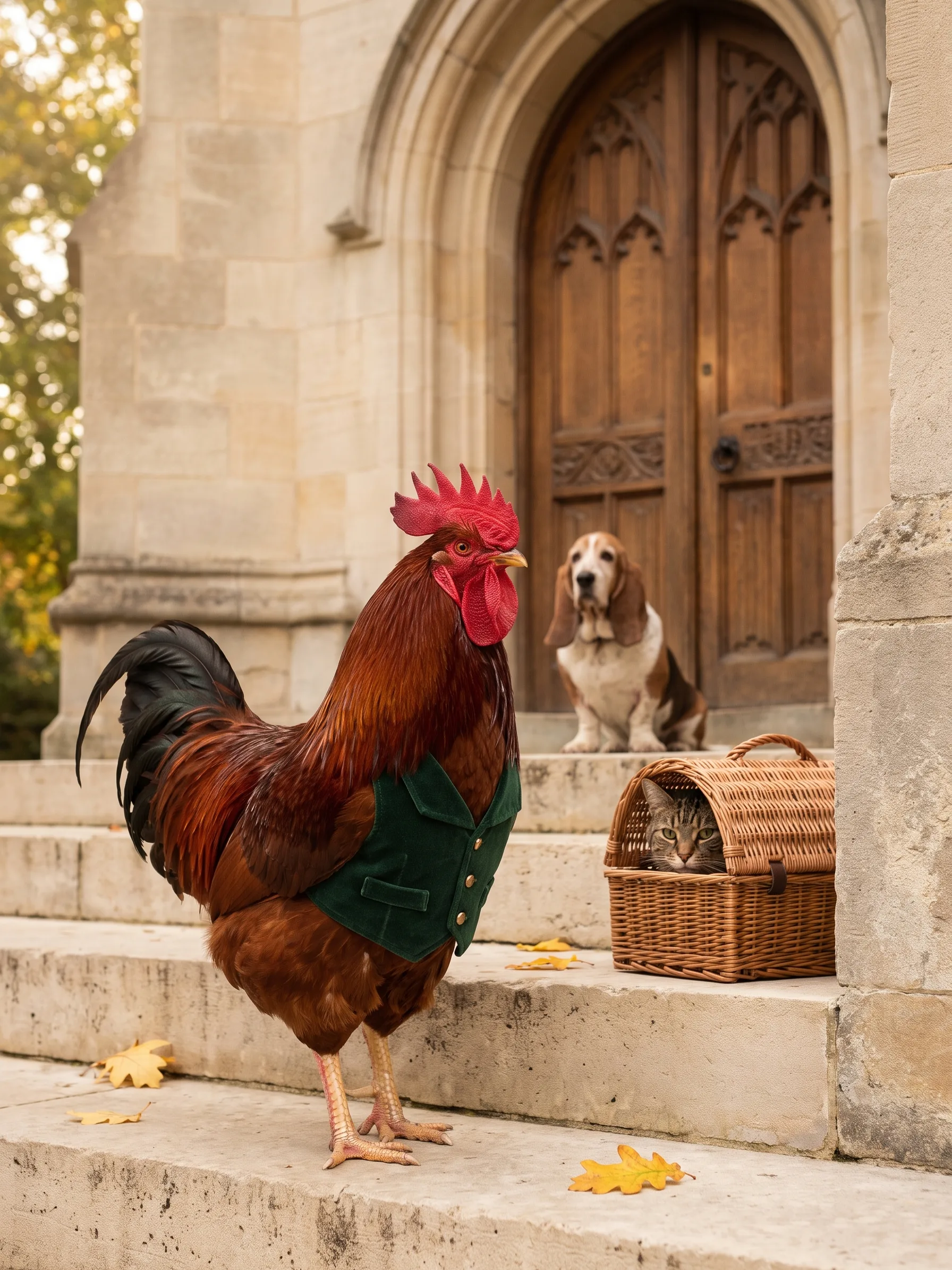 A Red Sussex rooster with smooth deep mahogany-red plumage, a black-edged tail and a single red comb, in a bottle-green velvet waistcoat with small brass buttons, standing on worn pale limestone steps outside the arched oak west door of a Gothic stone cathedral, an old basset hound sitting patiently at the top of the steps before the door and a tabby cat peering out of a wicker carrier on the step beside him, a few fallen yellow leaves on the stone, soft early-autumn afternoon light