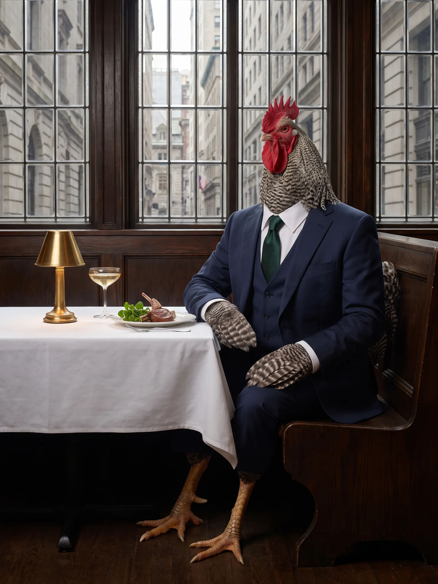 A Barred Plymouth Rock rooster with grey-and-white barred plumage in a navy three-piece suit, white shirt and bottle-green silk tie, seated like a gentleman on a wooden banquette beside a white-clothed table in a dark wood-panelled steakhouse, barred wing feathers resting at his cuffs, a coupe of champagne, a plate of lamb chop with watercress and a brass lamp on the table, tall windows onto the old stone buildings of a narrow downtown street
