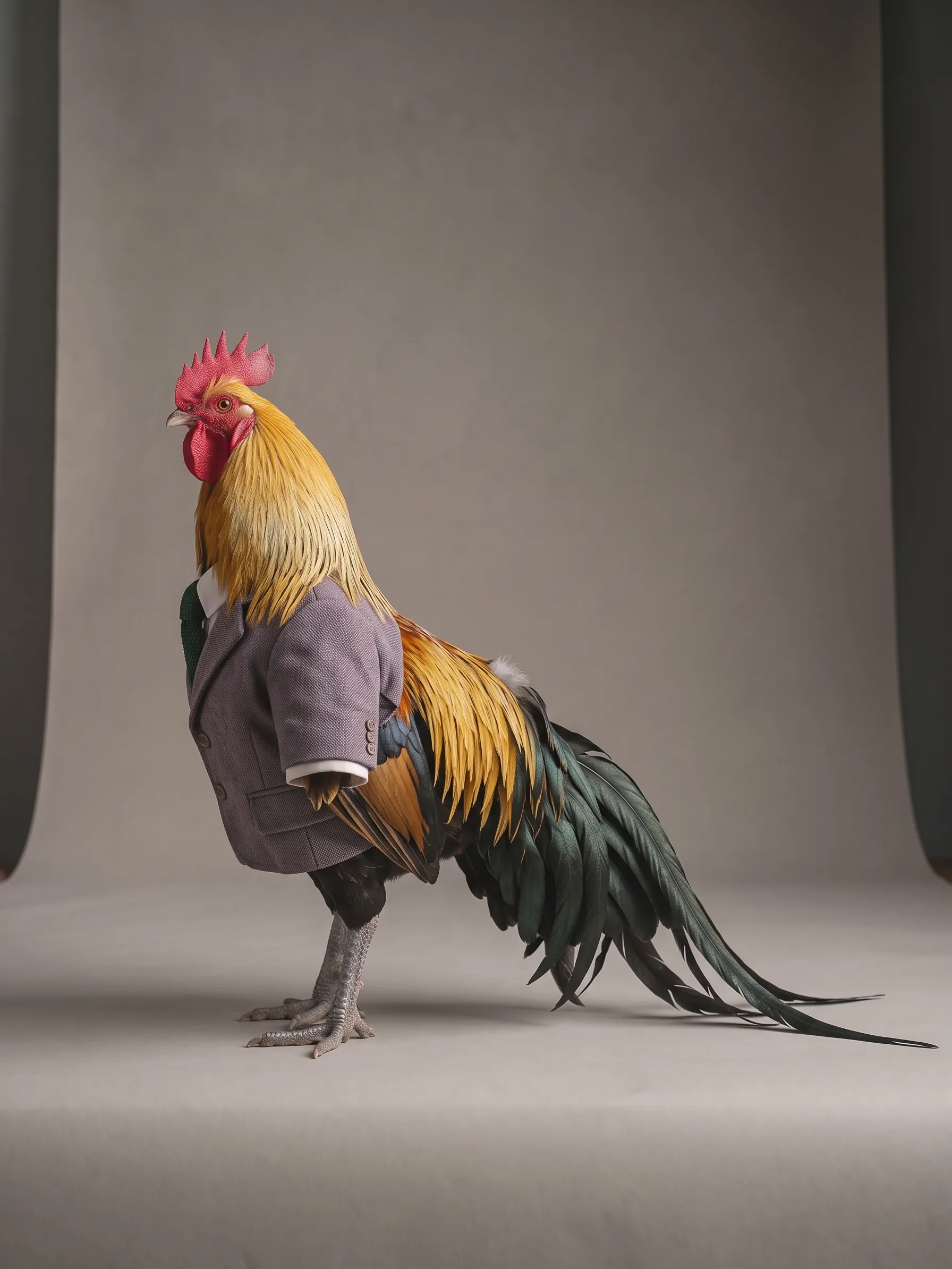 Ambrose, a Golden Phoenix rooster with golden hackles and a long black-green tail laid out behind him across the floor, in a heather tweed jacket and green knitted tie, standing in profile facing left on a warm grey studio backdrop