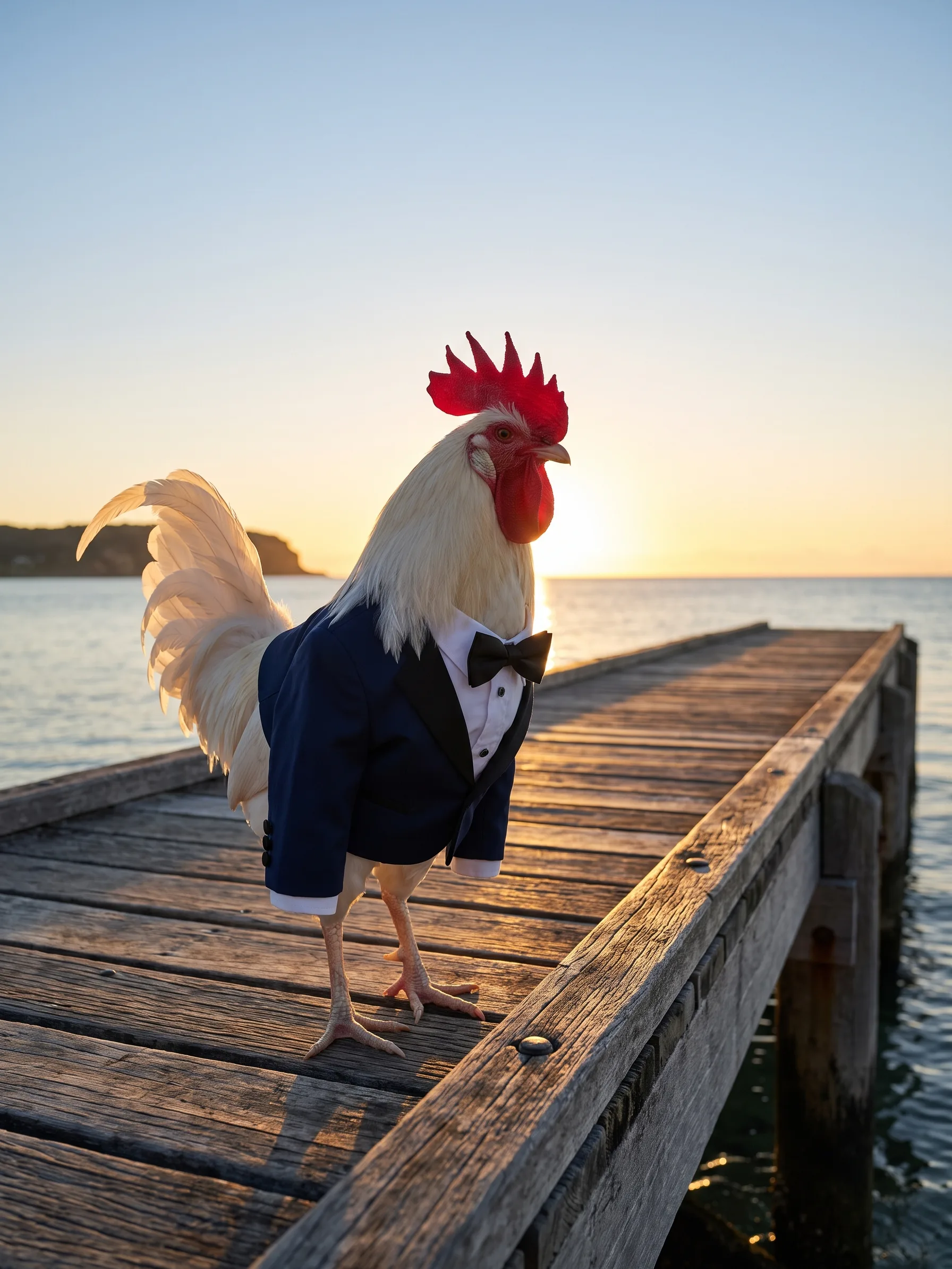 A White Leghorn rooster with sleek white plumage and a large red comb in a midnight-blue dinner jacket, white dress shirt and black silk bow tie, standing near the end of a long wooden jetty at sunset, the low sun glowing on the horizon behind him over a calm sea
