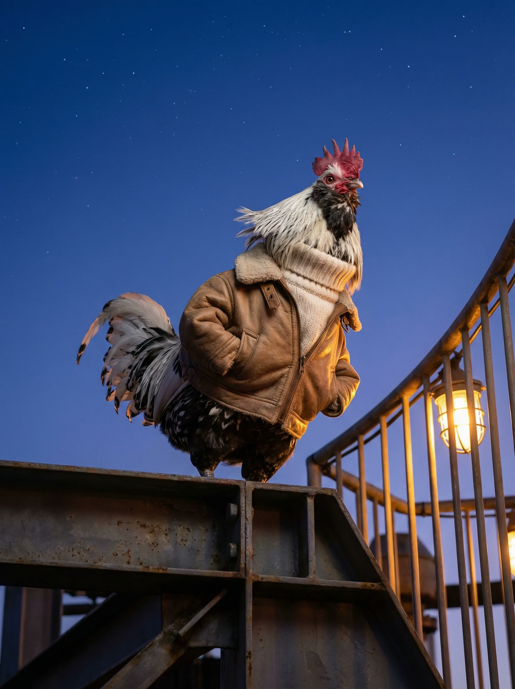 A Silver Spangled Hamburg rooster in a tan leather flight jacket with sheepskin collar over a cream turtleneck, perched on a steel observation gantry at twilight, looking upward at a starlit sky, warm tungsten work light creating rim lighting on his profile