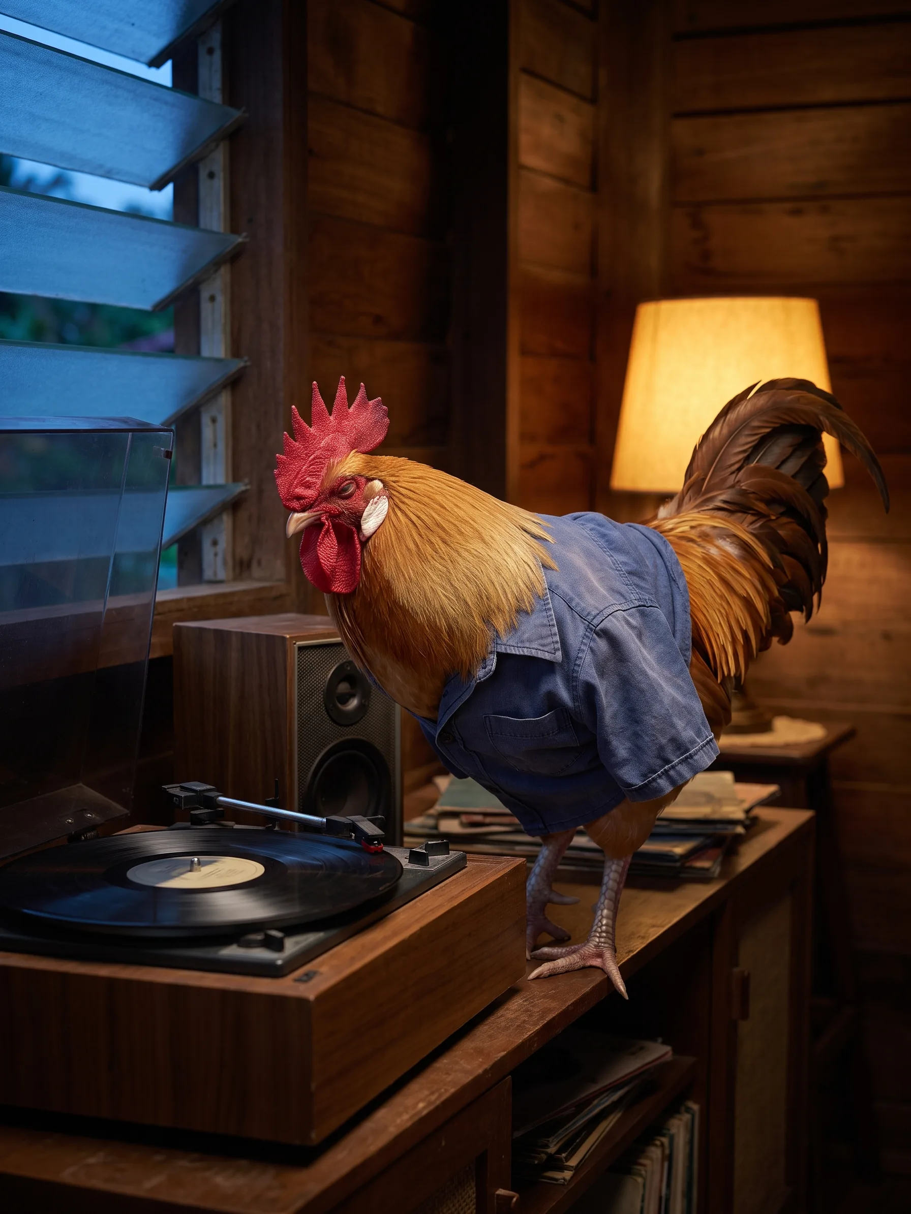 A wheaten Marsh Daisy rooster with gold-brown plumage, a chestnut hackle and a red comb, in a faded indigo work shirt, standing on a wooden sideboard beside a vintage record player with a black record turning and a small wooden speaker, records stacked behind him, a glowing table lamp and louvred windows with blue dusk in a timber-walled living room