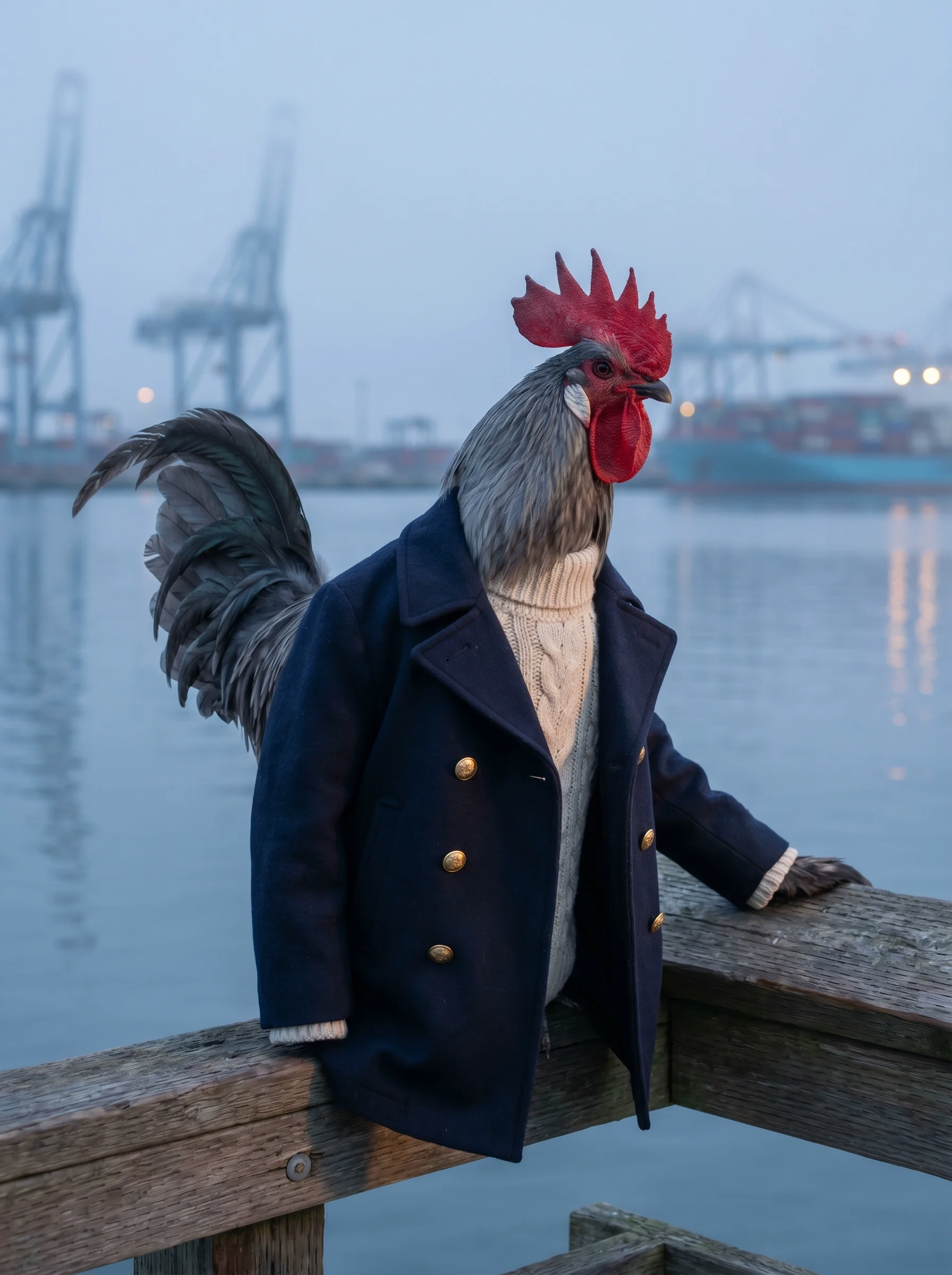 A Blue Andalusian rooster in a navy double-breasted peacoat with brass buttons and cream cable-knit sweater, leaning against a weathered wooden pier railing at a foggy harbor at dawn, cargo cranes and container ships in soft bokeh across the water