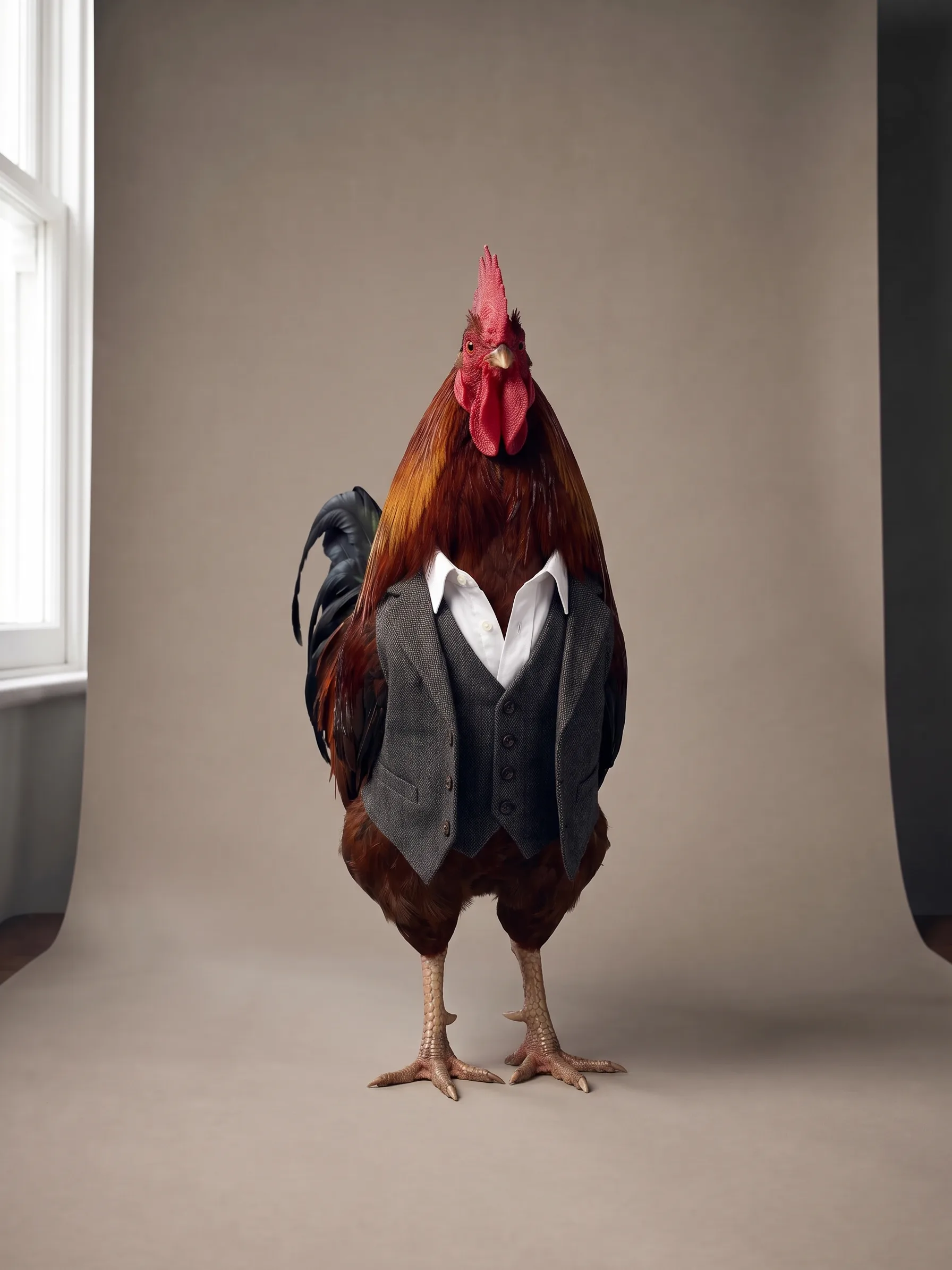 Beaumont, a broad mahogany-red Rhode Island Red rooster with a black-green tail, in a charcoal waistcoat and jacket over an open-collared white shirt, squared to the camera and looking straight down the lens, on a warm grey studio backdrop