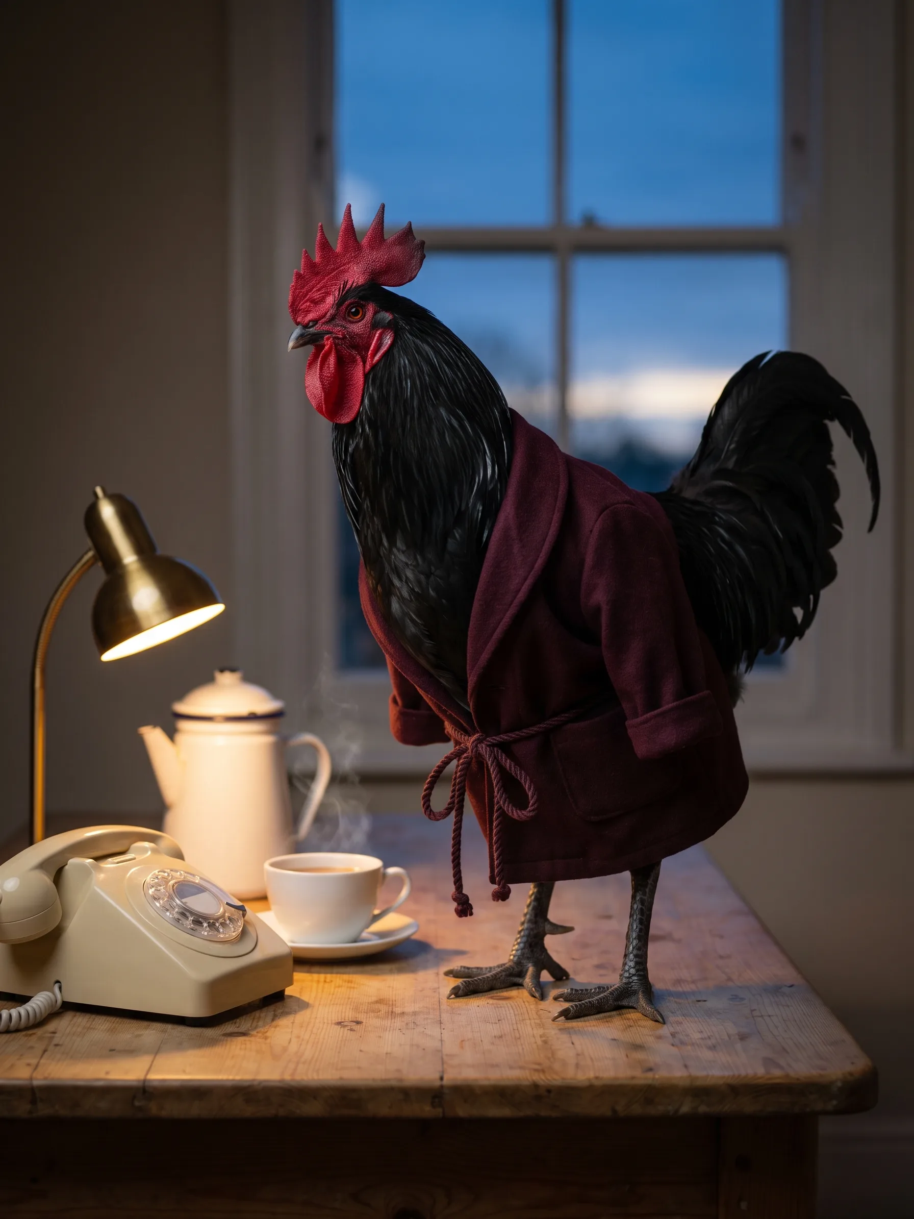 A Black Minorca rooster with smooth glossy black plumage, a large upright red single comb and a long red wattle, in a burgundy wool dressing gown with a loosely tied cord, cut to fit a bird, standing on scaled dark grey rooster legs on a scrubbed pine kitchen table, an old cream rotary telephone with its handset in the cradle and a coiled cord, a white enamel pot and a steaming white cup of tea on a saucer, a brass desk lamp giving warm light, a sash window behind showing the deep blue sky before dawn