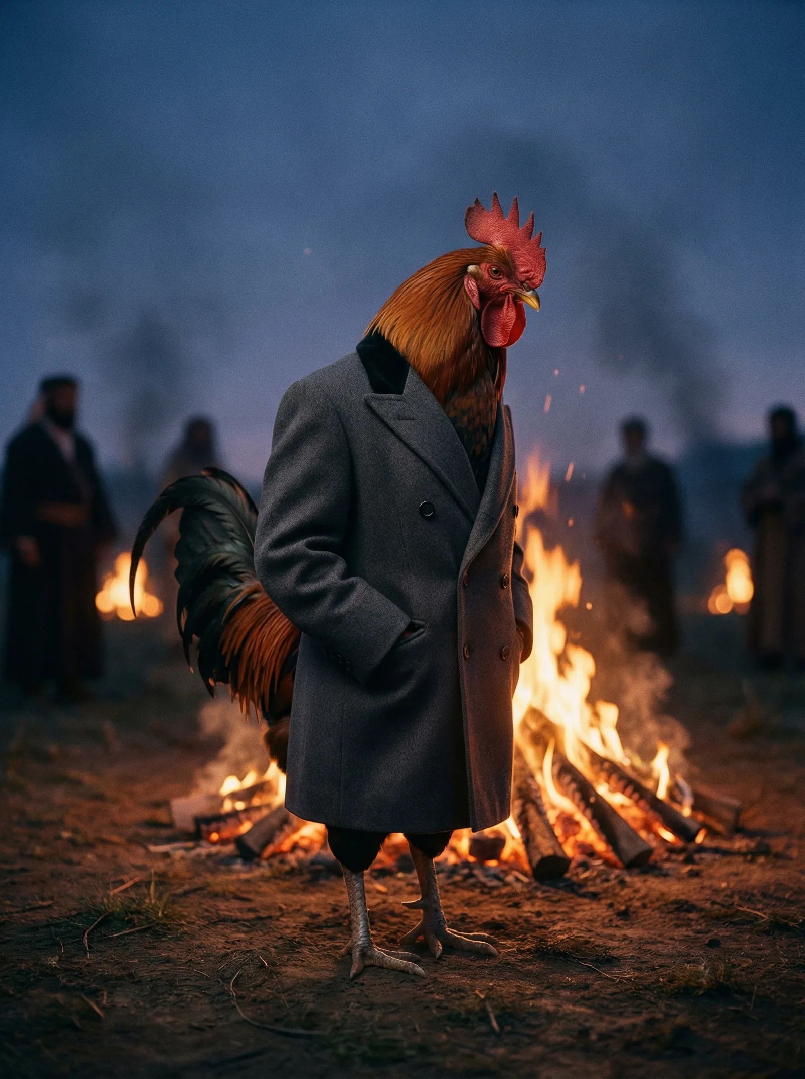 A rooster in a charcoal overcoat standing before a ceremonial bonfire at dusk, gathered figures in the background