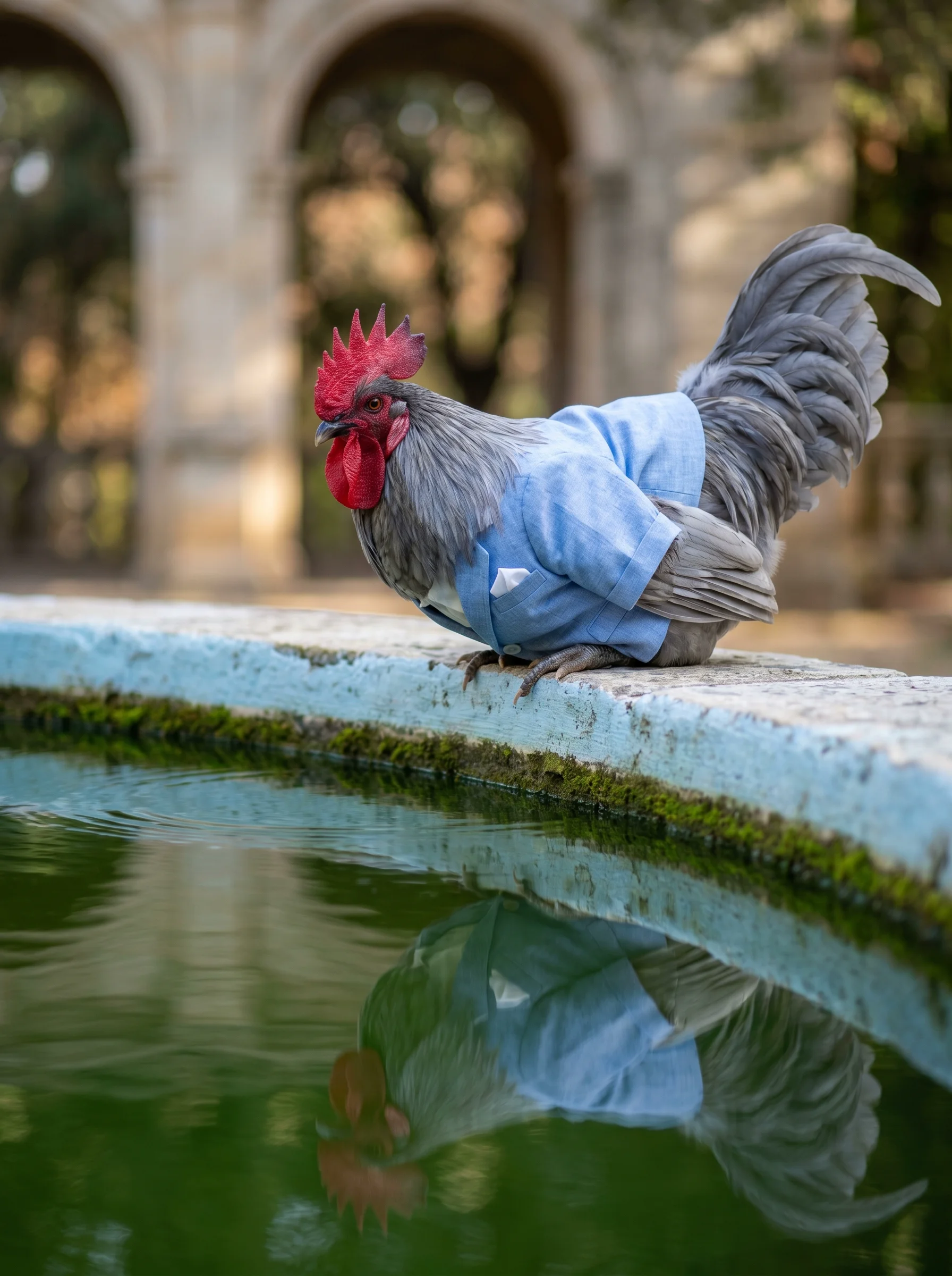 A Blue Andalusian rooster with slate-blue plumage in a powder-blue linen suit jacket with white pocket square, perched at the mossy stone edge of an ornamental reflecting pool with green-tinged water, his reflection visible in the still surface below, classical stone arches in warm bokeh behind, diffused late morning light