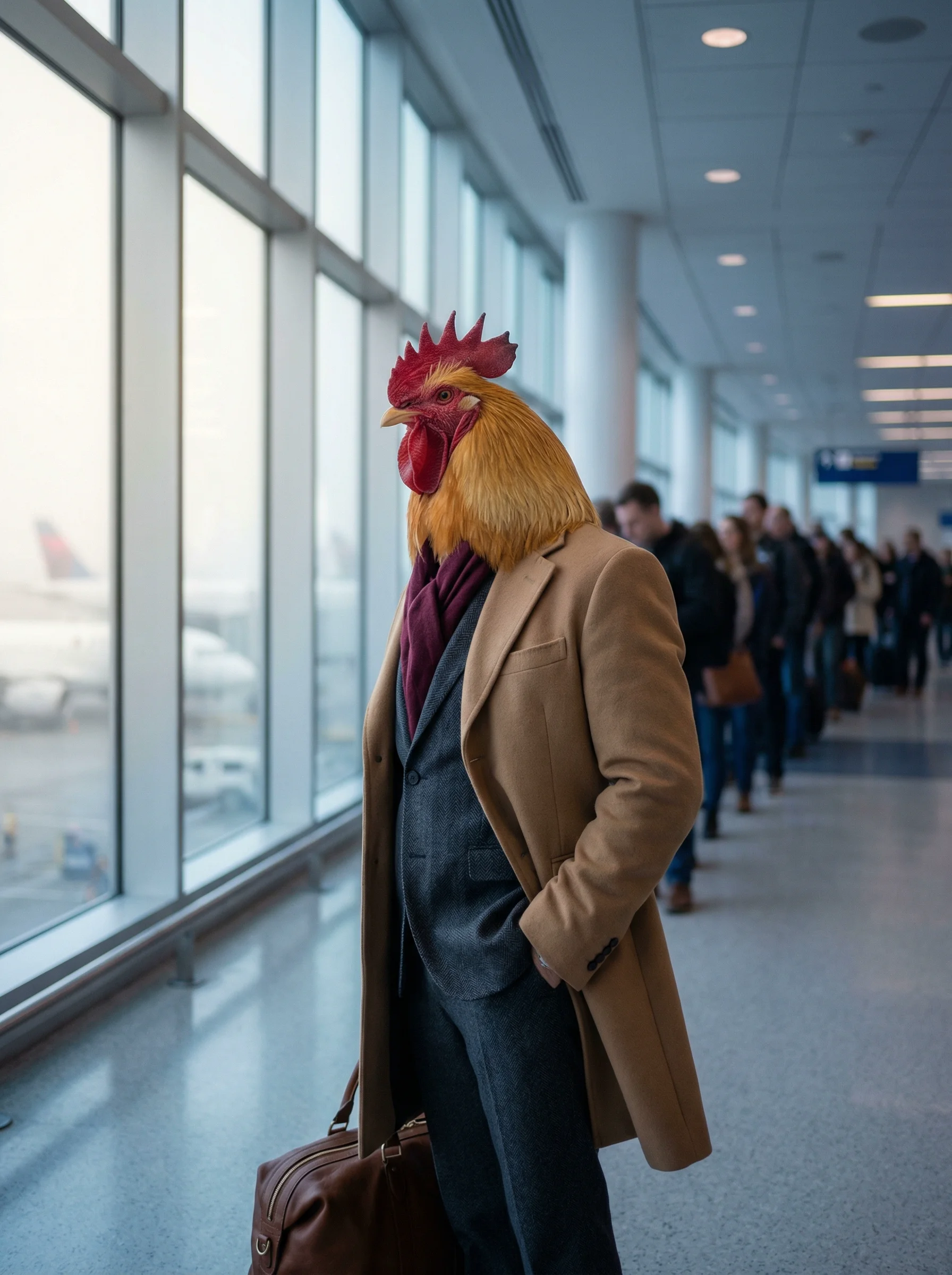 A Buff Orpington rooster in a camel wool overcoat over a charcoal herringbone suit and burgundy scarf, standing in a modern airport terminal beside floor-to-ceiling windows with planes in fog on the tarmac, a long queue of travelers stretching behind him into soft bokeh