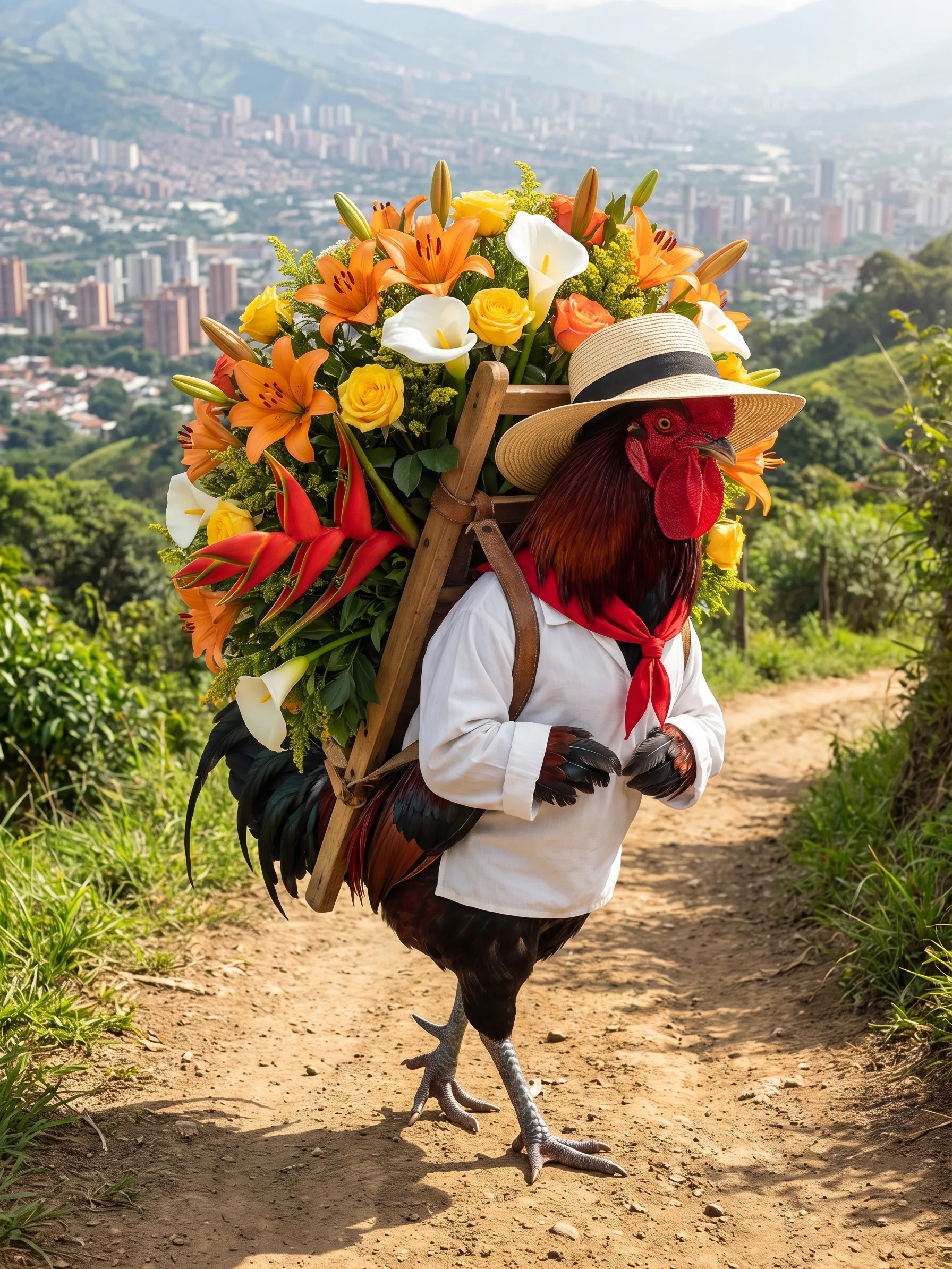 A Red Dorking rooster with deep red and black plumage, walking upright like a gentleman along a dirt hillside path above Medellín in a white cotton shirt, a red neckerchief and a straw hat with a black band, wing feathers at his cuffs, carrying on his back a wooden frame strapped over his shoulders and piled high with orange lilies, yellow roses, white calla lilies and red heliconias, the city spread across the valley below