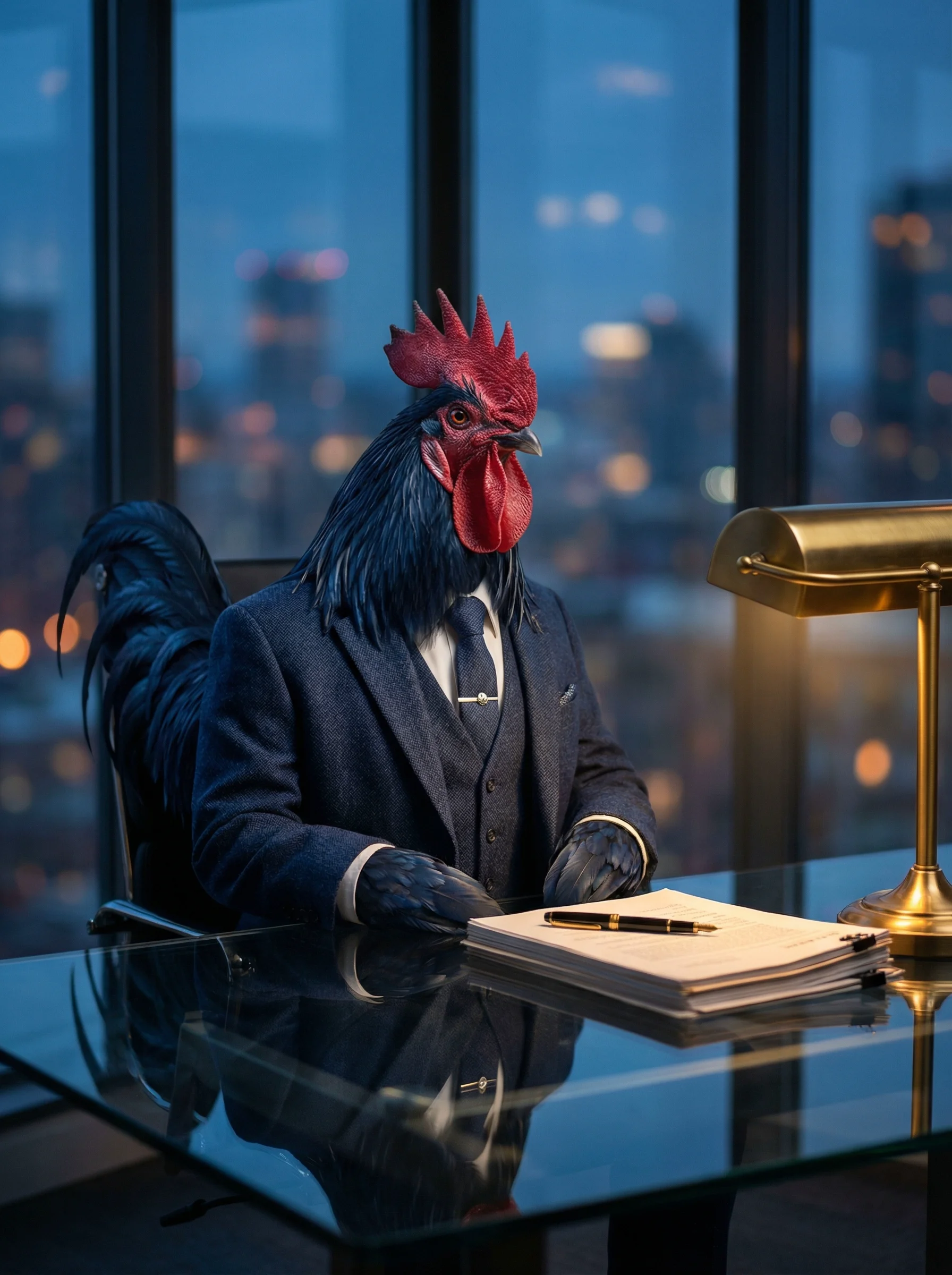 A dark-feathered Blue Andalusian rooster in a navy three-piece suit seated at a glass-topped desk in a corner office at dusk, a brass desk lamp casting warm light on a stack of contracts, city lights glowing through floor-to-ceiling windows behind him