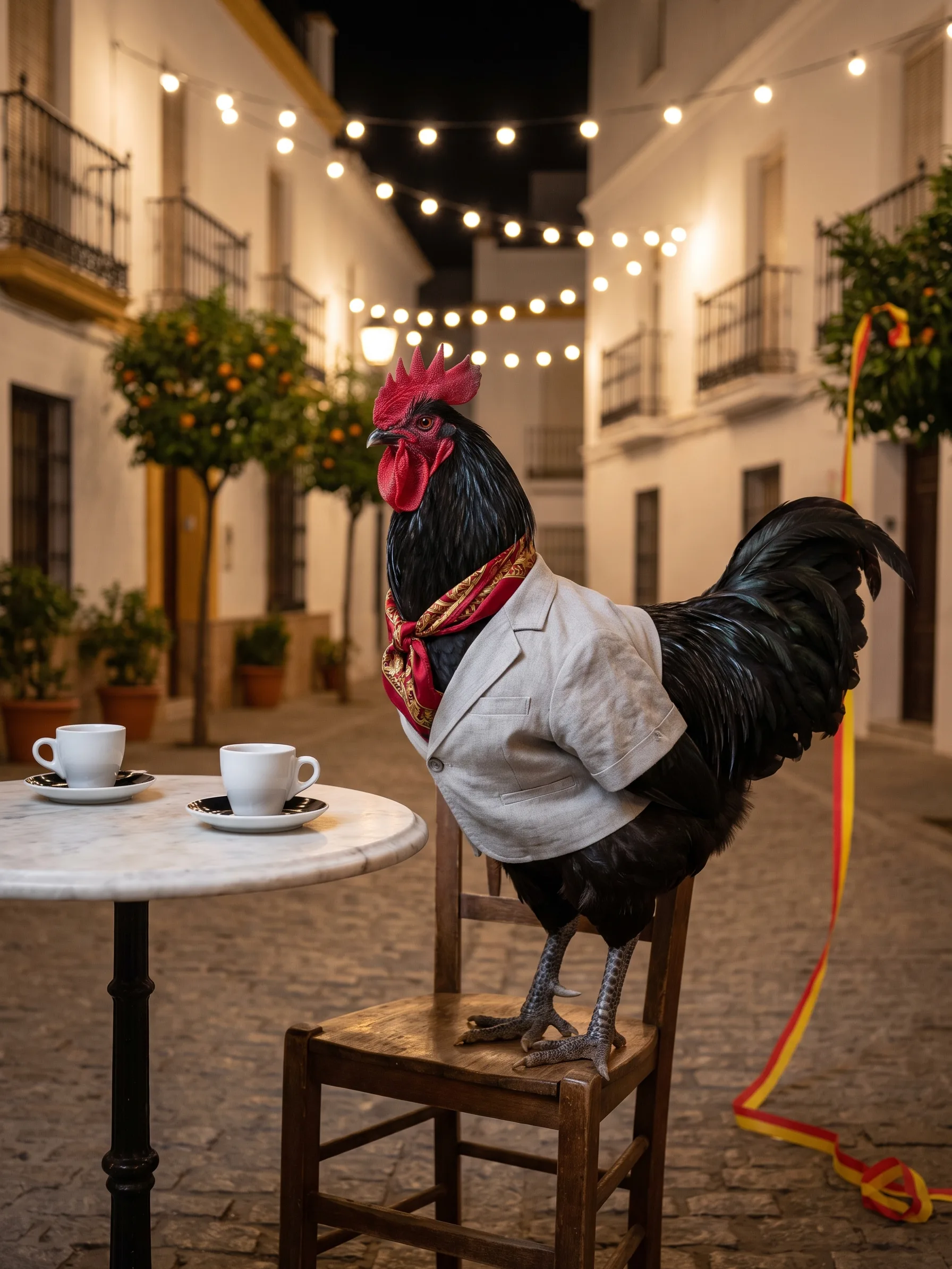 A Croad Langshan rooster with glossy black plumage in a pale grey linen jacket and a red-and-gold silk scarf, perched on a café chair at a small marble table in an Andalusian plaza at night, two small cups of coffee side by side on the table, orange trees and strings of warm lights overhead