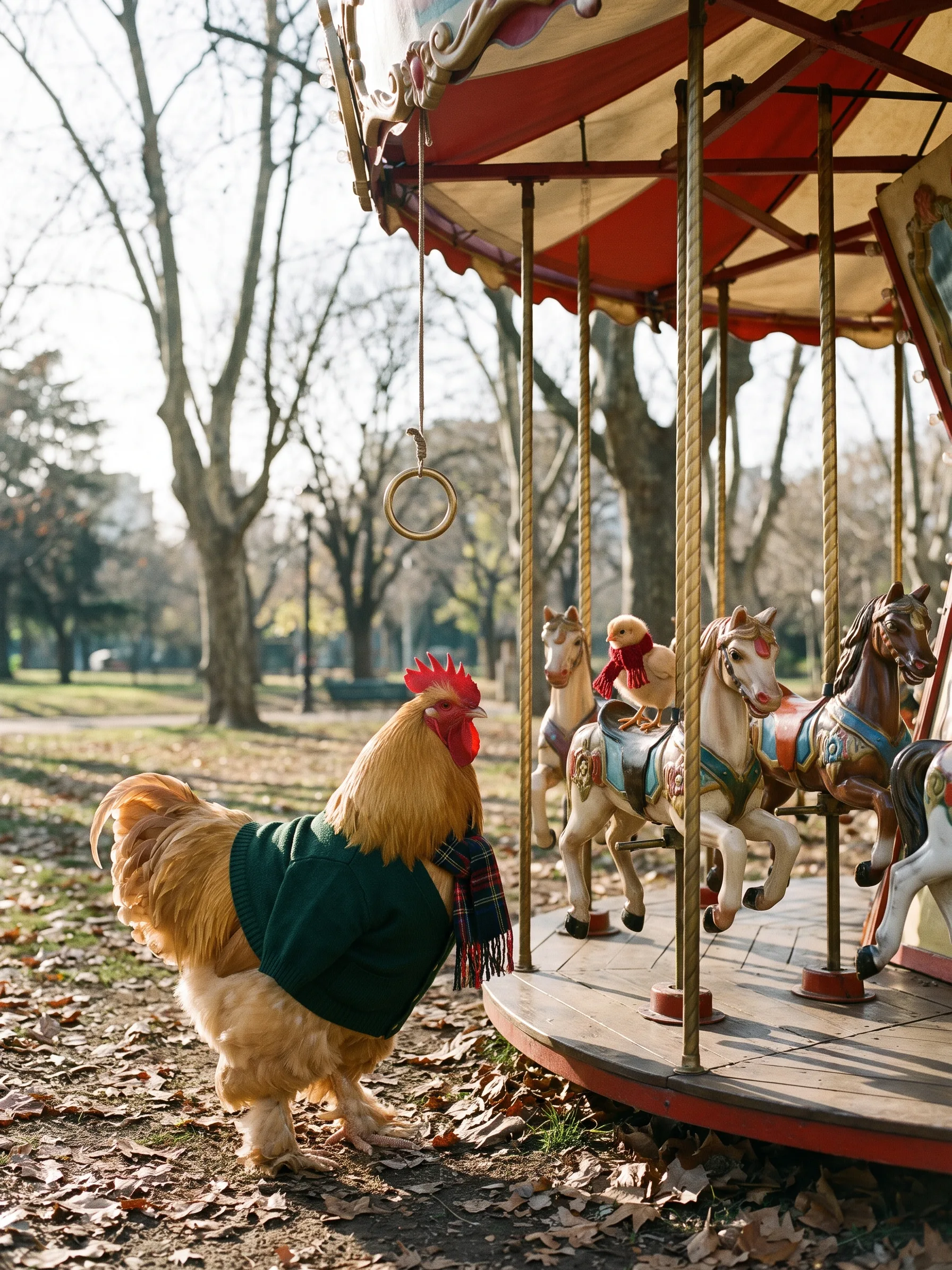 A Buff Cochin rooster with abundant fluffy golden-buff plumage and feathered feet in a bottle-green knitted jumper and a tartan scarf, standing on fallen leaves beside a small vintage carousel in a Buenos Aires park on a bright winter afternoon, a fluffy buff chick in a red knitted scarf perched on a painted wooden carousel horse, a brass ring hanging on a cord from the striped canopy and bare plane trees behind