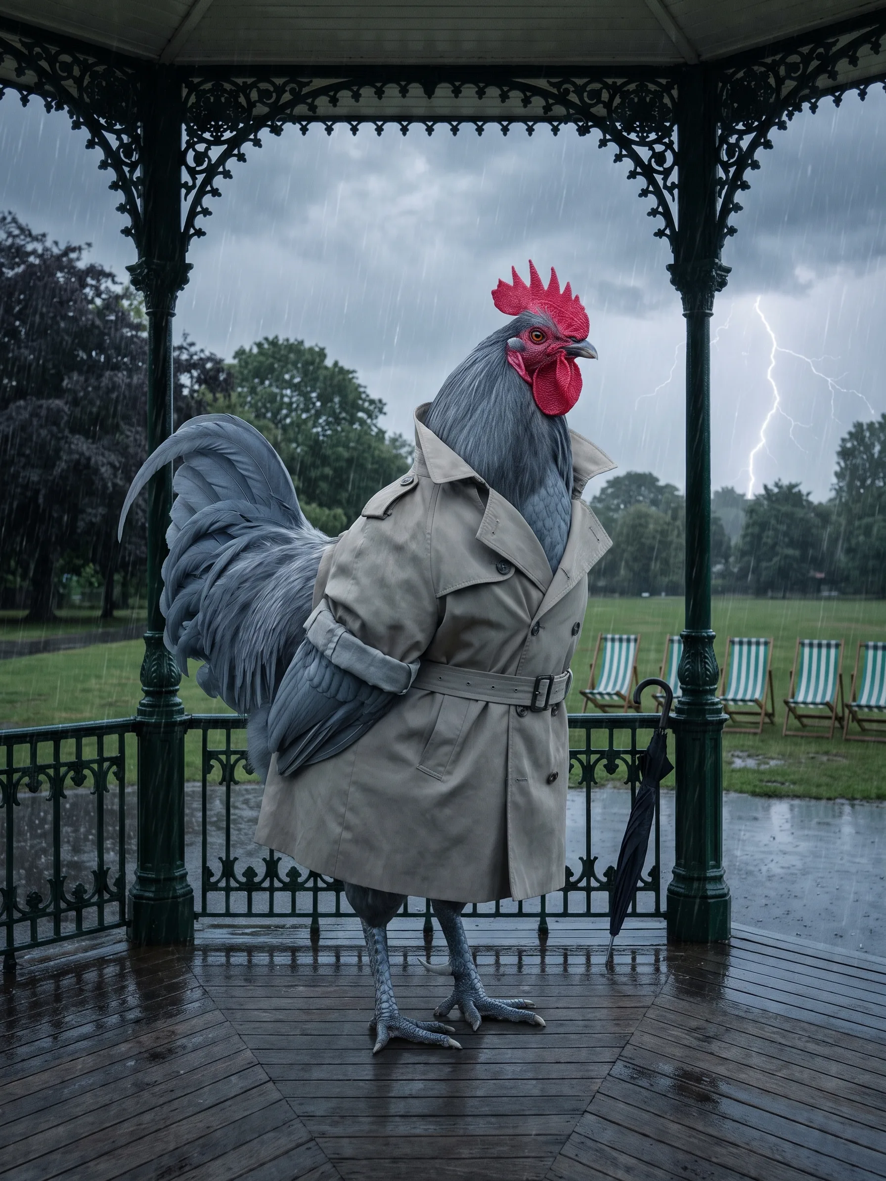 A Blue Orpington rooster with smooth slate-blue plumage in a belted stone-coloured trench coat, standing upright in an empty Victorian bandstand in a park during a thunderstorm, rain falling past the green iron columns, lightning over the trees and empty striped deckchairs on the wet lawn, a closed umbrella leaning on the rail