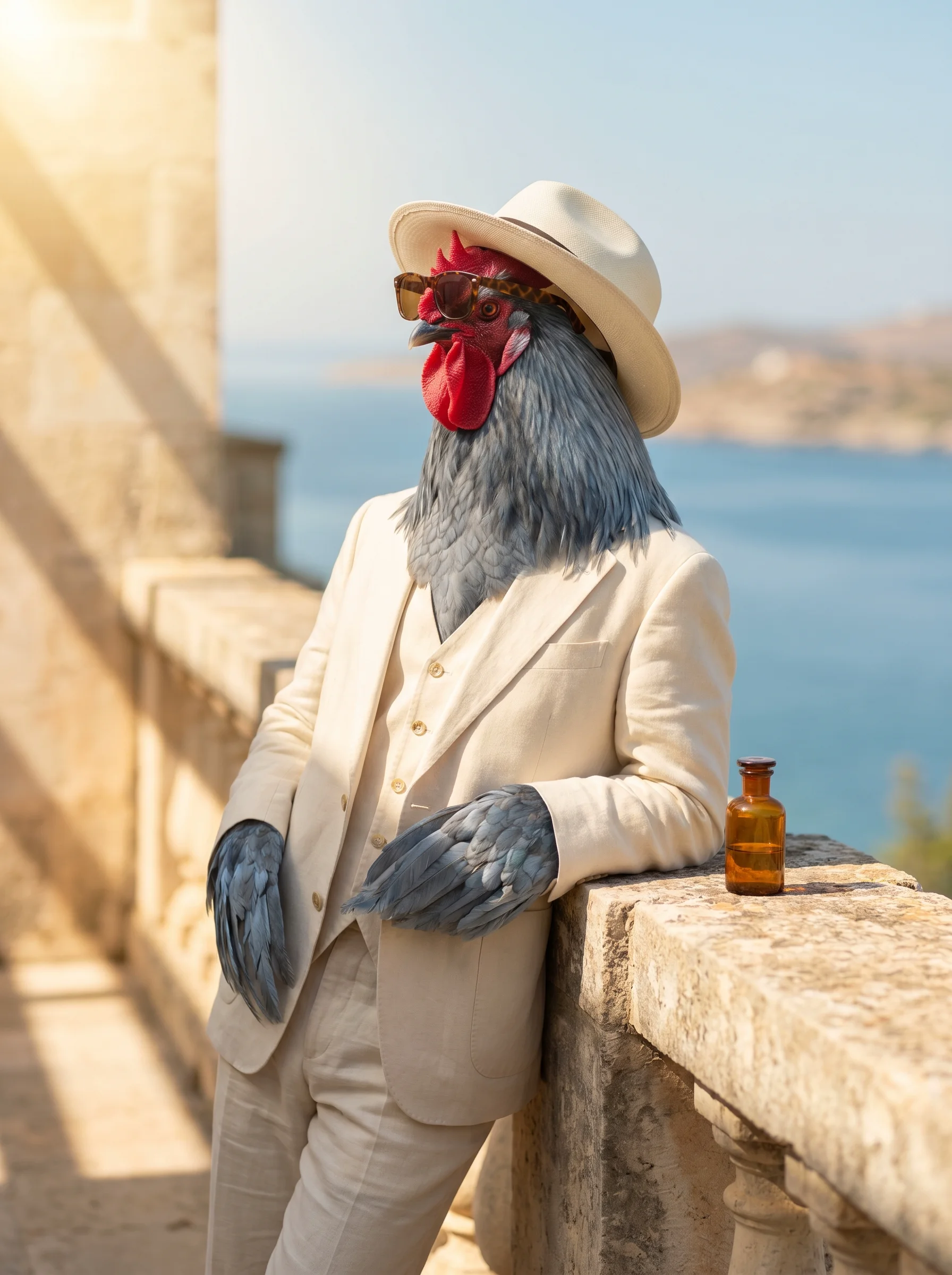 A Blue Andalusian rooster in a cream linen three-piece suit with an ivory panama hat and tortoiseshell sunglasses, leaning against a sun-bleached stone balustrade on a Mediterranean villa terrace, a small amber glass bottle beside him, calm blue sea and distant hills in soft bokeh behind, warm golden morning light