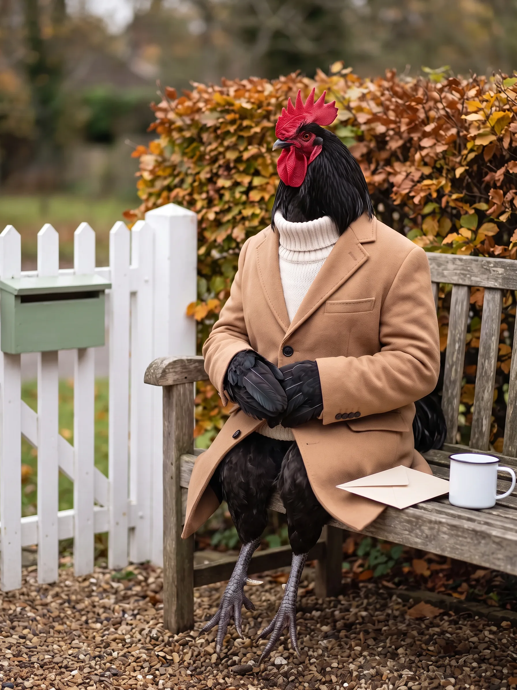 A Jersey Giant rooster with smooth glossy black plumage and a large red single comb, in a camel wool overcoat over a cream roll-neck, seated upright like a gentleman on a weathered wooden garden bench beside a low white picket gate, folded black wing feathers resting on his knees and scaled dark grey rooster legs with talons on a gravel path, a single plain cream envelope lying face down on the bench beside him and a white enamel mug, a plain green-painted wooden letterbox on the gatepost, a clipped beech hedge turning copper behind him in soft mid-morning autumn light