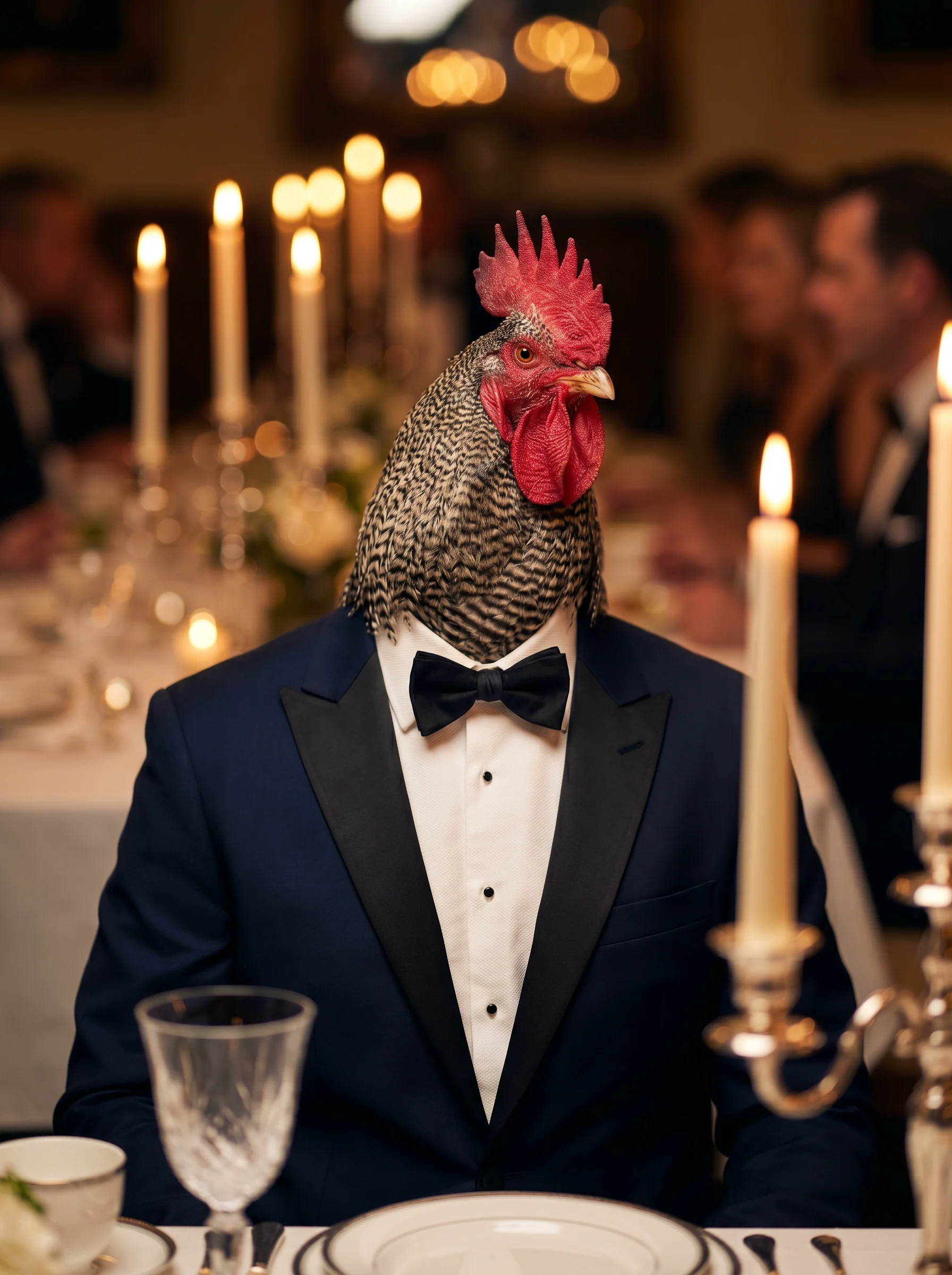 A Barred Plymouth Rock rooster in a midnight navy peak-lapel dinner jacket with black satin lapels, white wing-collar shirt, and black bow tie, seated at a formal candlelit dining table with crystal glassware and silver candelabras, warm golden candlelight illuminating his black and white barred plumage