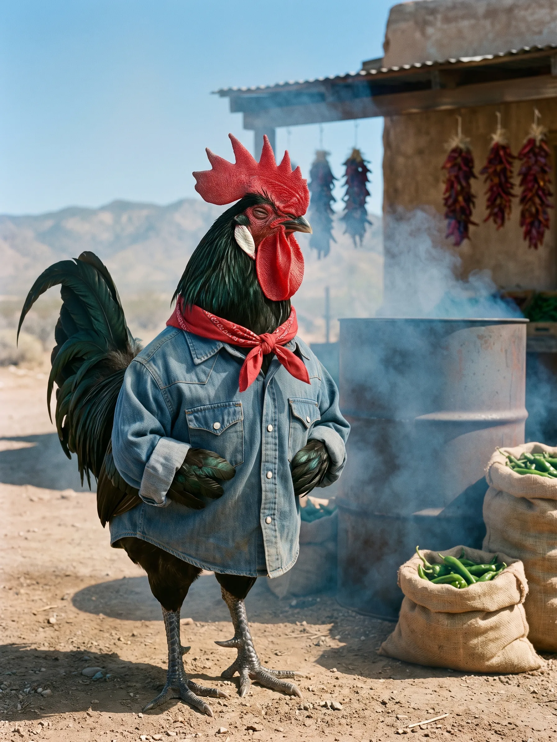 A Black Minorca rooster with glossy green-black plumage, a large single red comb and white earlobes, in a faded denim western shirt with pearl snaps and a red bandana knotted at the neck, standing on dusty ground beside a smoking steel drum at a roadside chile stand, burlap sacks of green chiles beside him, strings of dried red chiles hanging from a tin awning on an adobe building, pale desert mountains under a clear blue sky