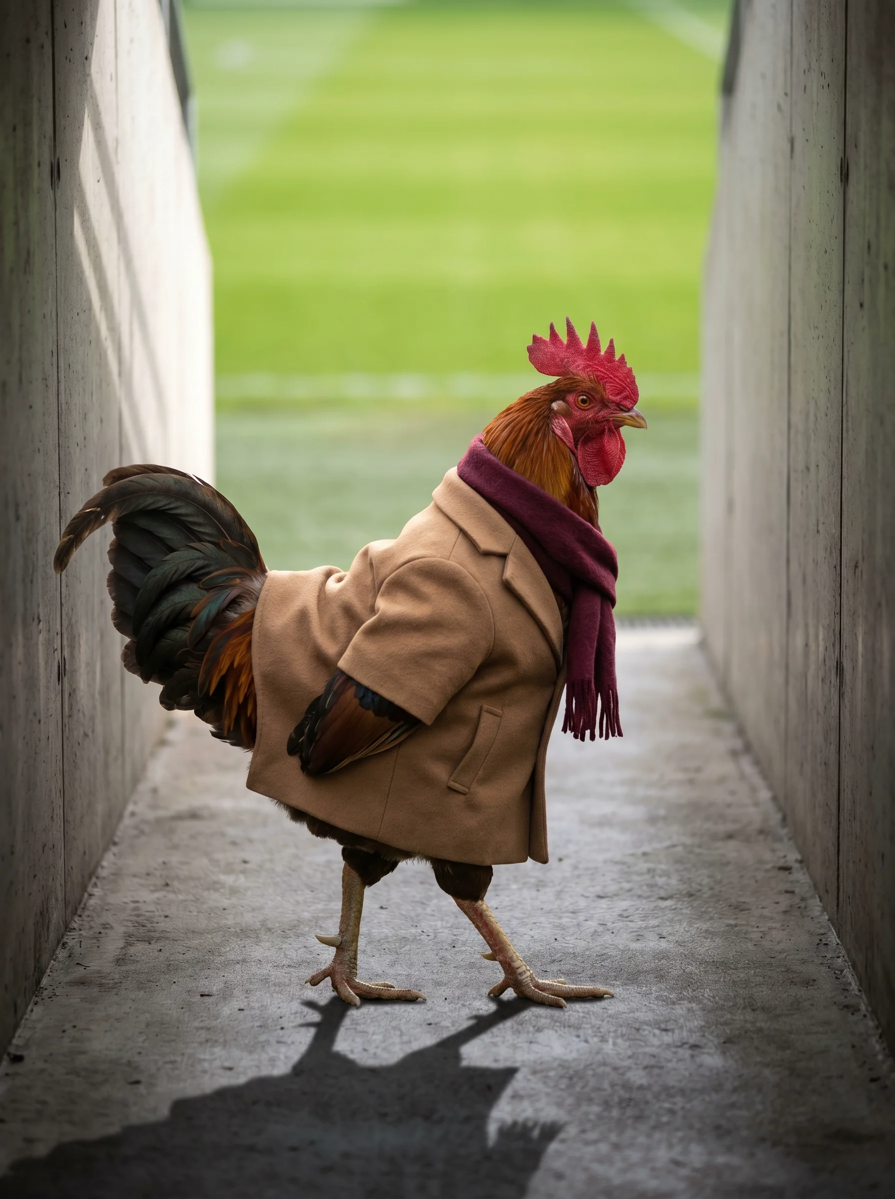 A Welsummer rooster in a camel hair overcoat and burgundy wool scarf walking through a concrete stadium player tunnel toward a bright green football pitch, dramatic side lighting casting a sharp shadow, tail feathers trailing behind him
