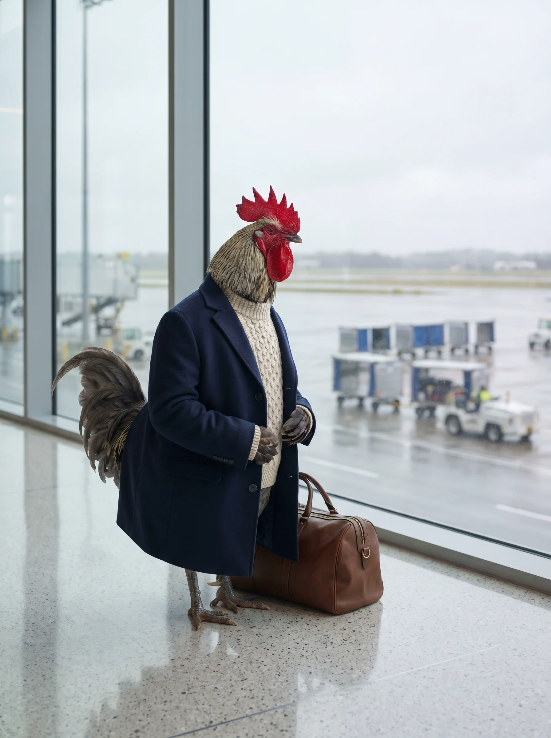 A rooster in a navy cashmere overcoat over a cream cable-knit sweater, standing in three-quarter profile at a floor-to-ceiling airport terminal window with a leather weekender bag at his feet, gazing out at ground equipment on the overcast tarmac