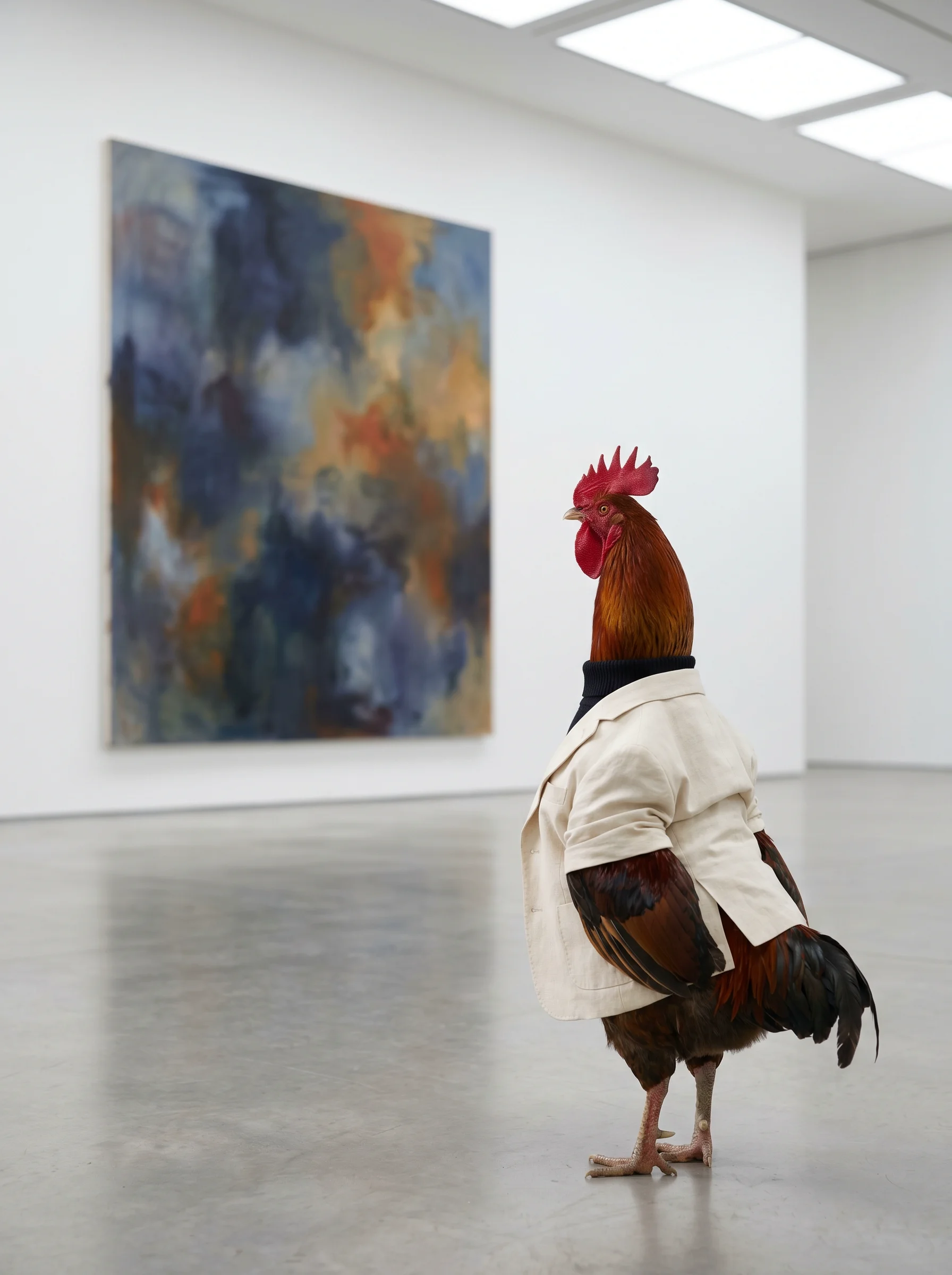A Welsummer rooster in a cream linen blazer over a black turtleneck, standing in three-quarter rear view on a polished concrete floor in a minimalist white-walled gallery, gazing at a large abstract painting in blues and ochre, natural skylight illumination from above