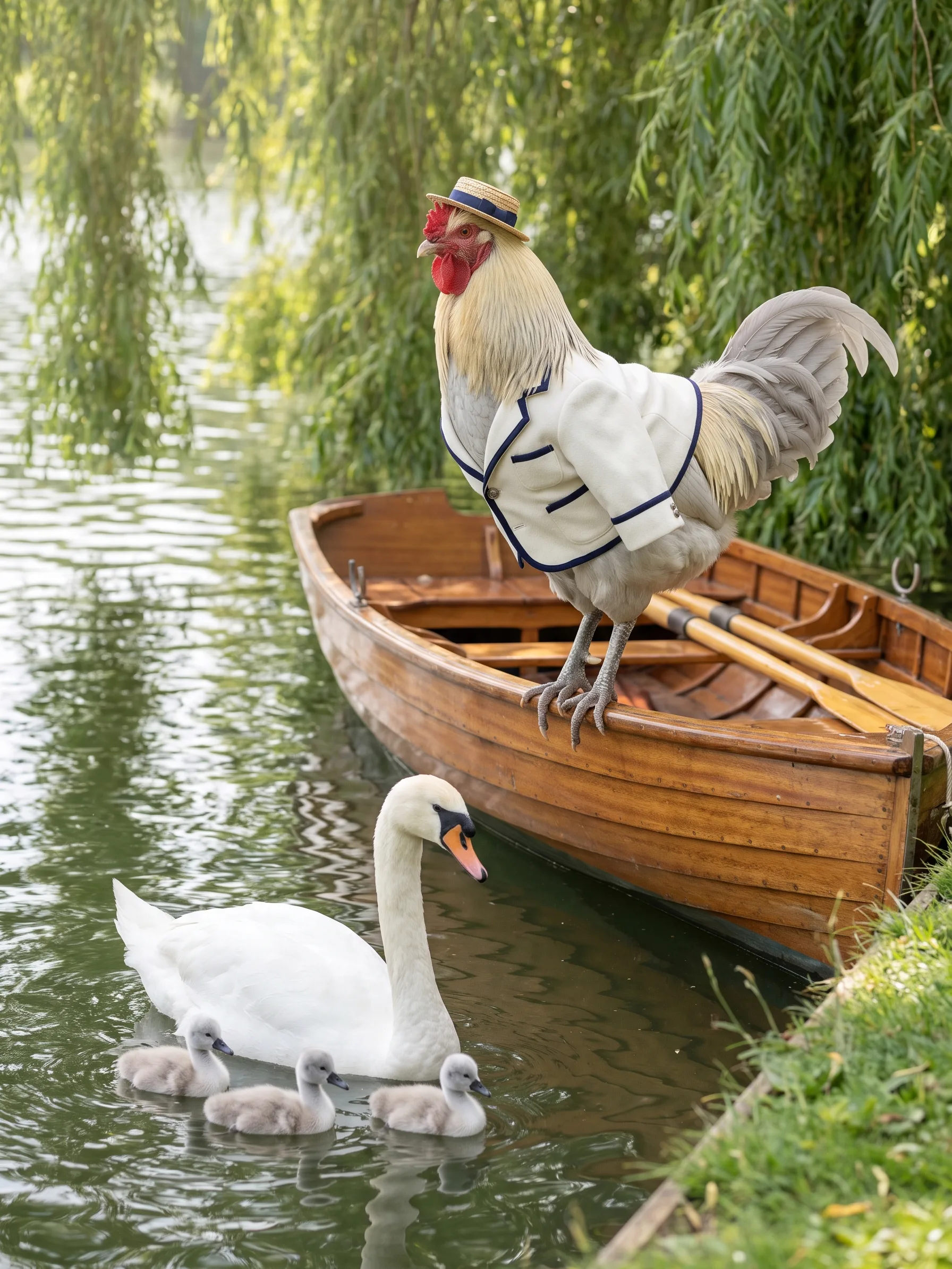 A Cream Legbar rooster with a soft crest and pale cream-grey plumage in a white rowing blazer with navy piping and a straw boater, perched on the varnished gunwale of a wooden skiff moored on the Thames, a mute swan and three grey cygnets gliding beside the boat, willows on the bank in morning sun